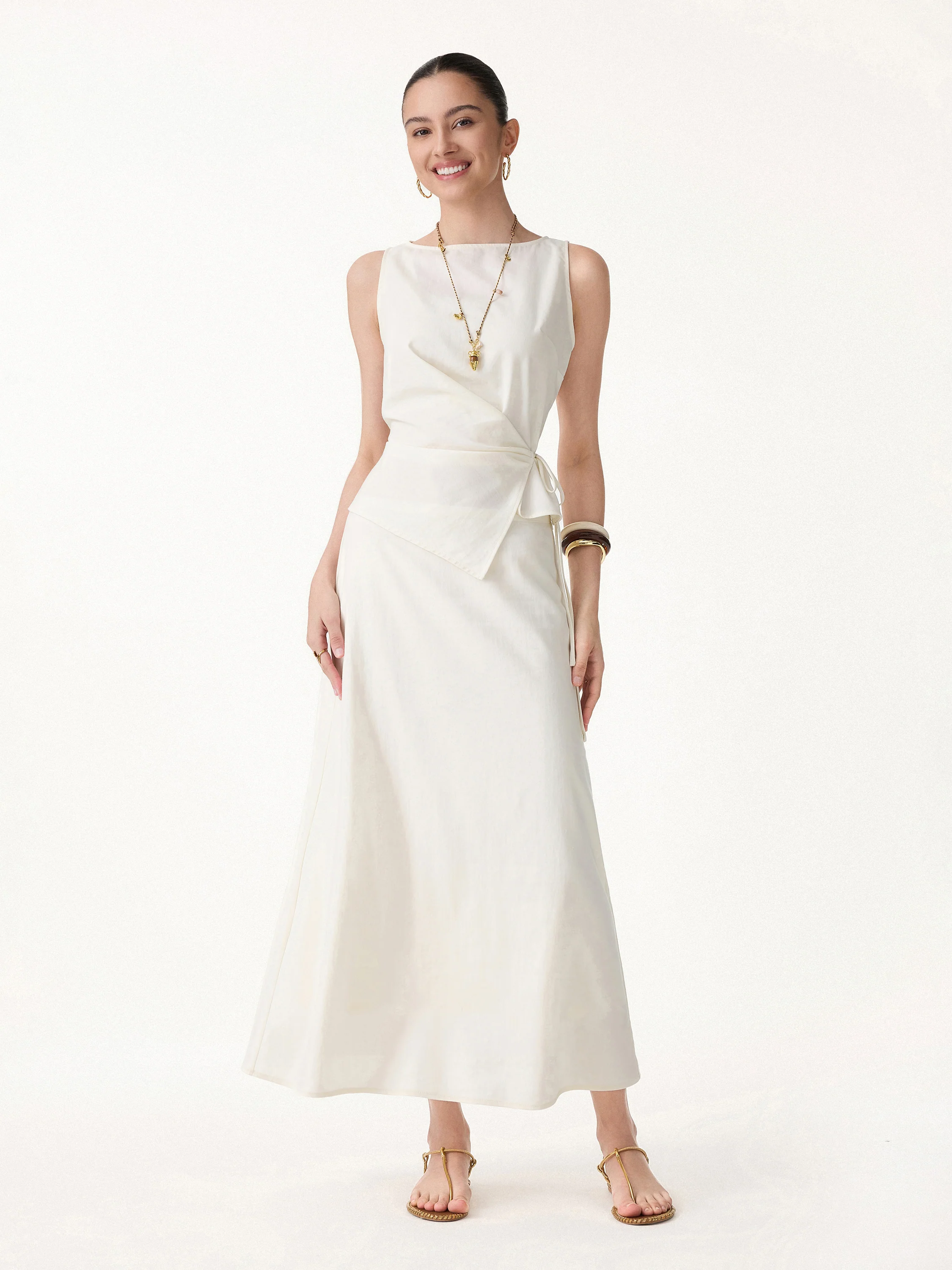 2Pcs Set Boatneck Waist-Defined Top & Maxi Flared Pull-On Skirt