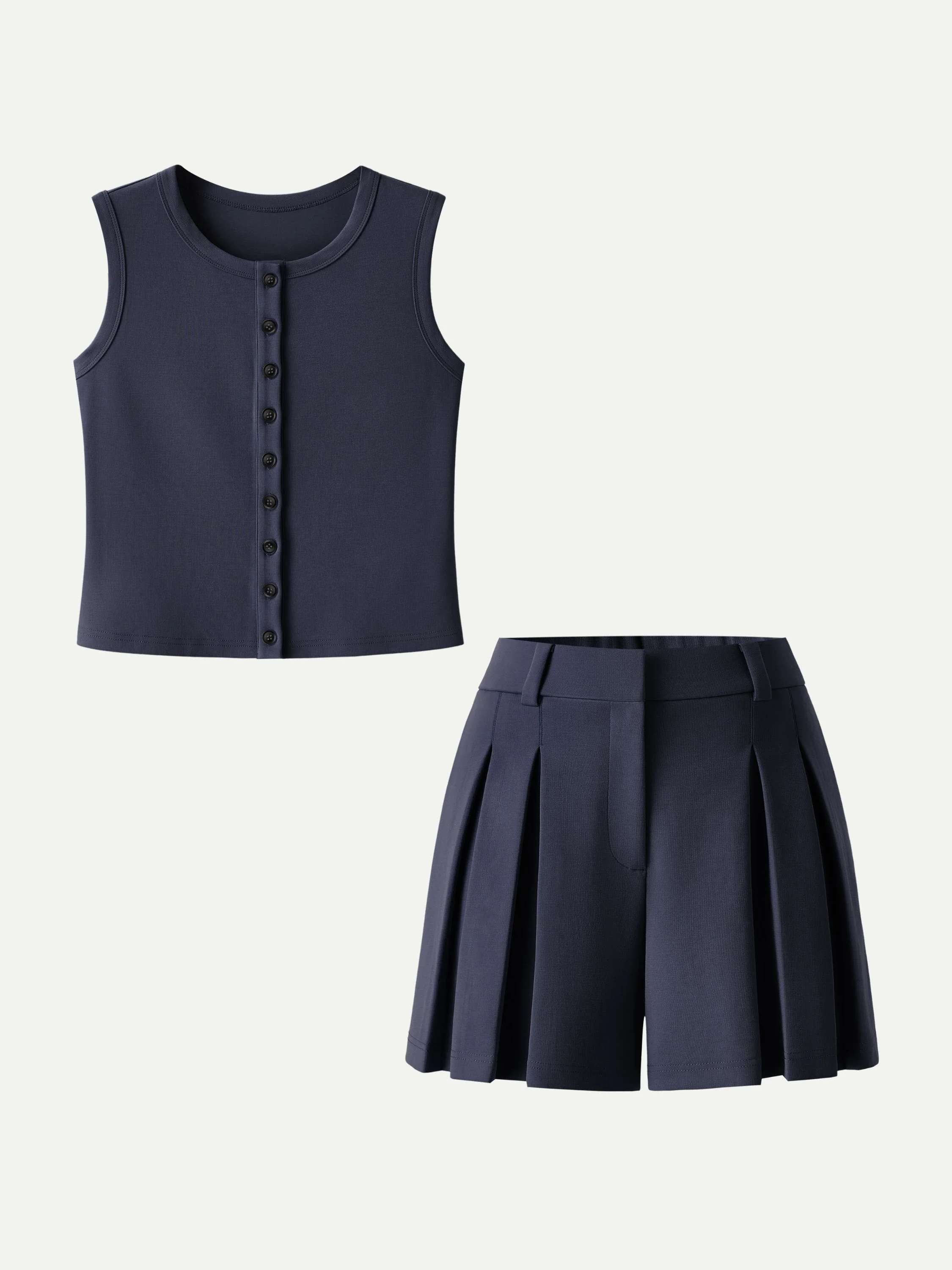 2Pcs Set Button-Front Cropped Vest & A-Line Pleated Shorts - Image 10
