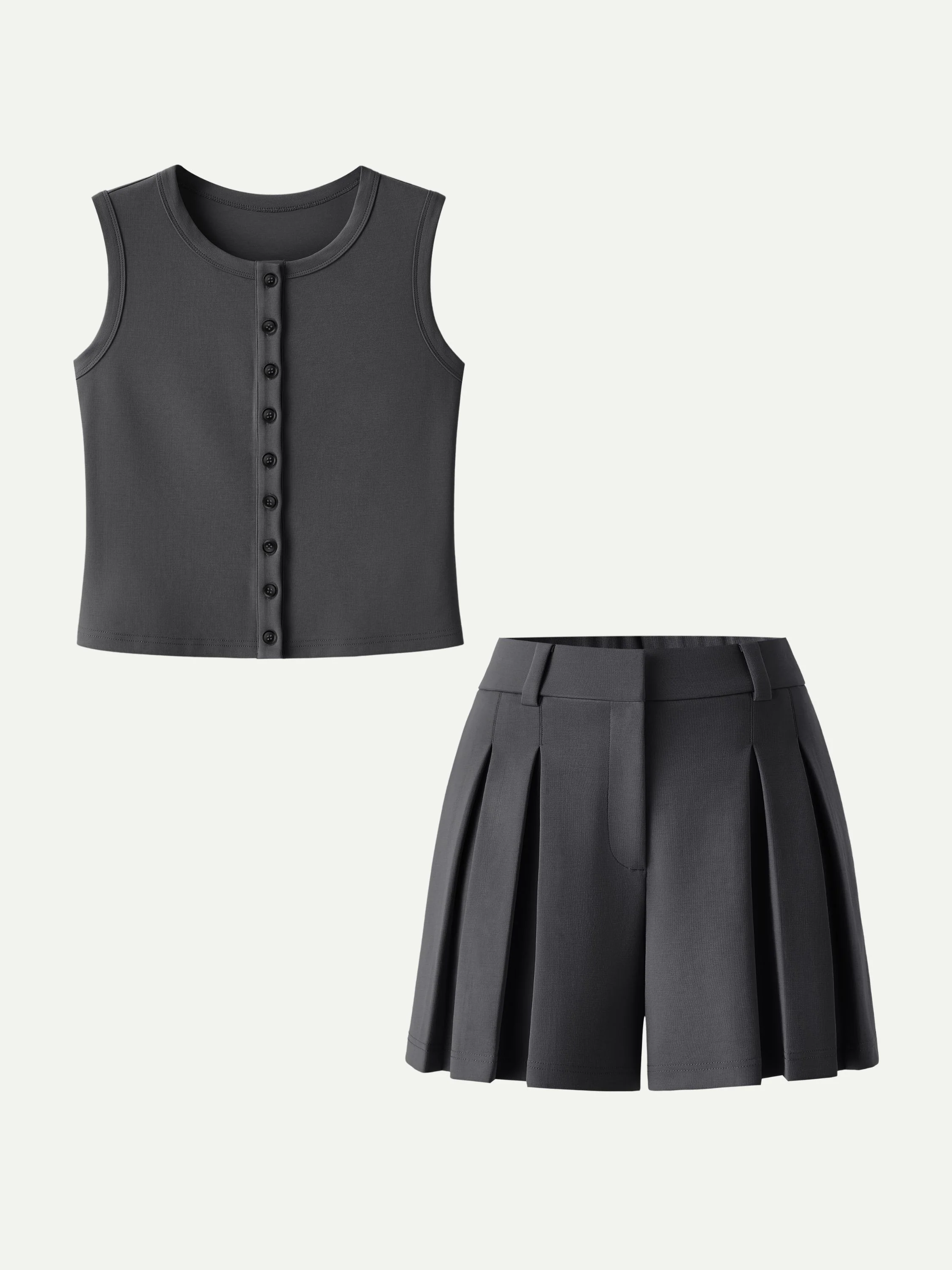 2Pcs Set Button-Front Cropped Vest & A-Line Pleated Shorts - Image 11