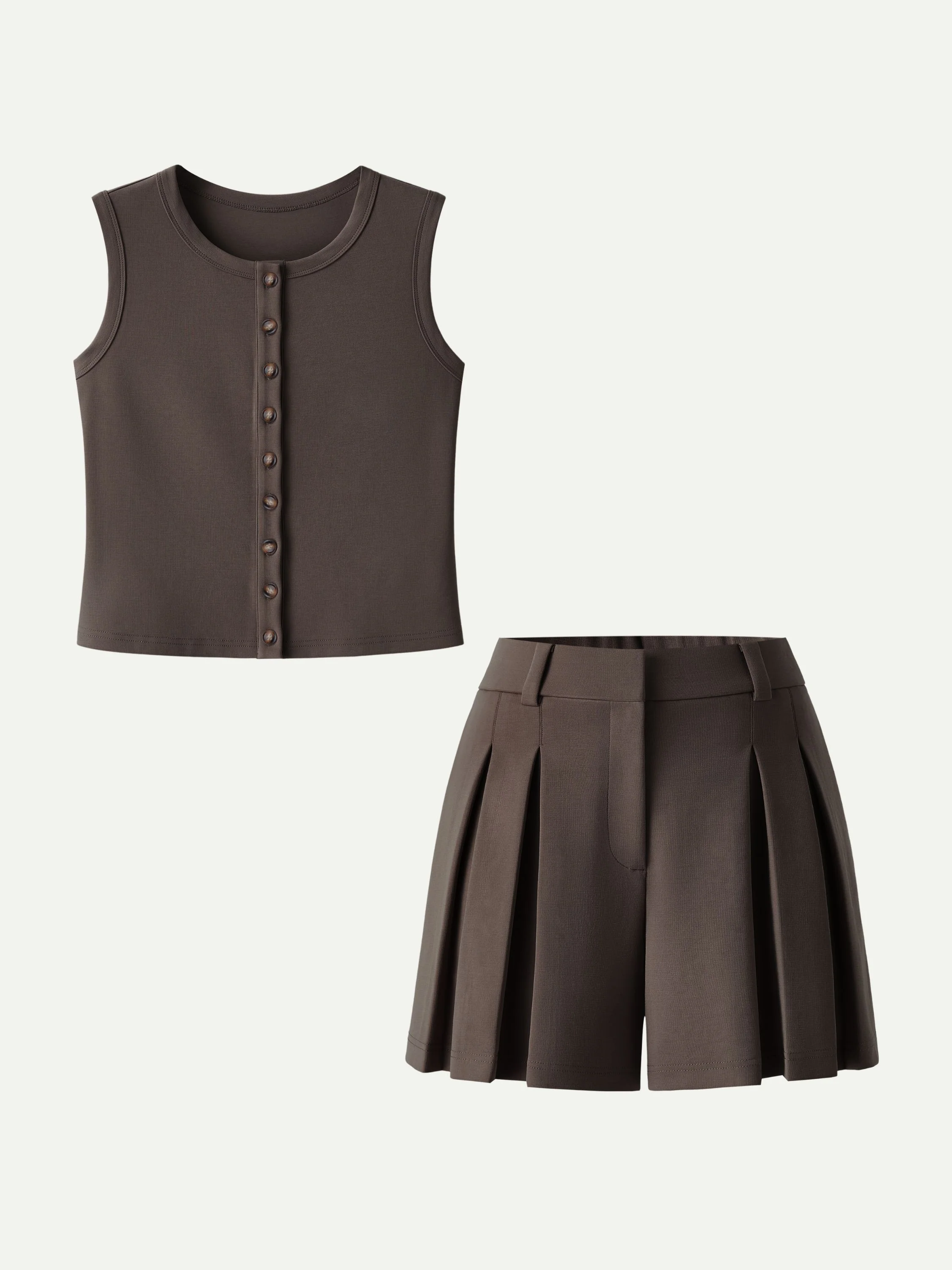 2Pcs Set Button-Front Cropped Vest & A-Line Pleated Shorts - Image 12