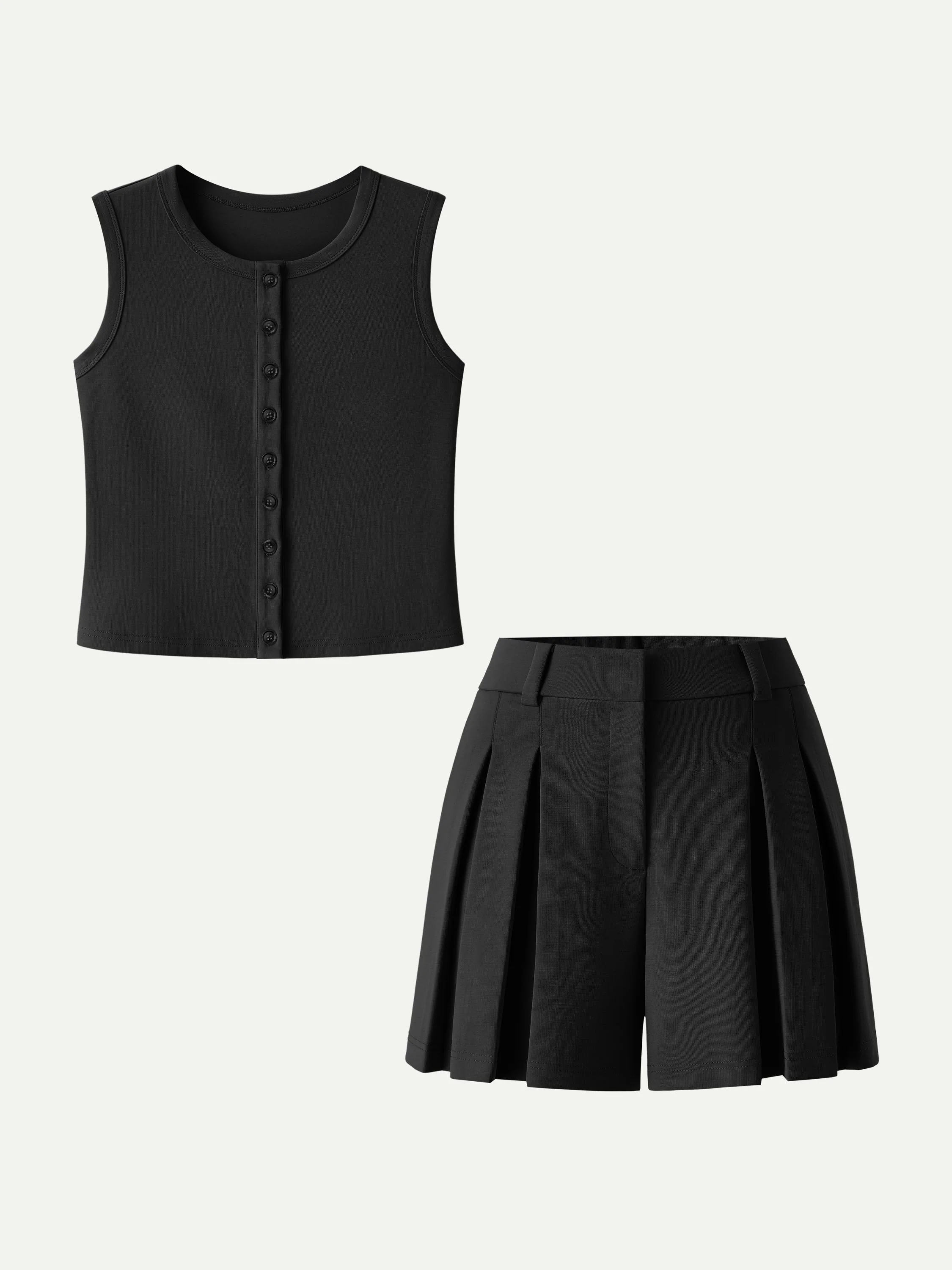 2Pcs Set Button-Front Cropped Vest & A-Line Pleated Shorts - Image 13