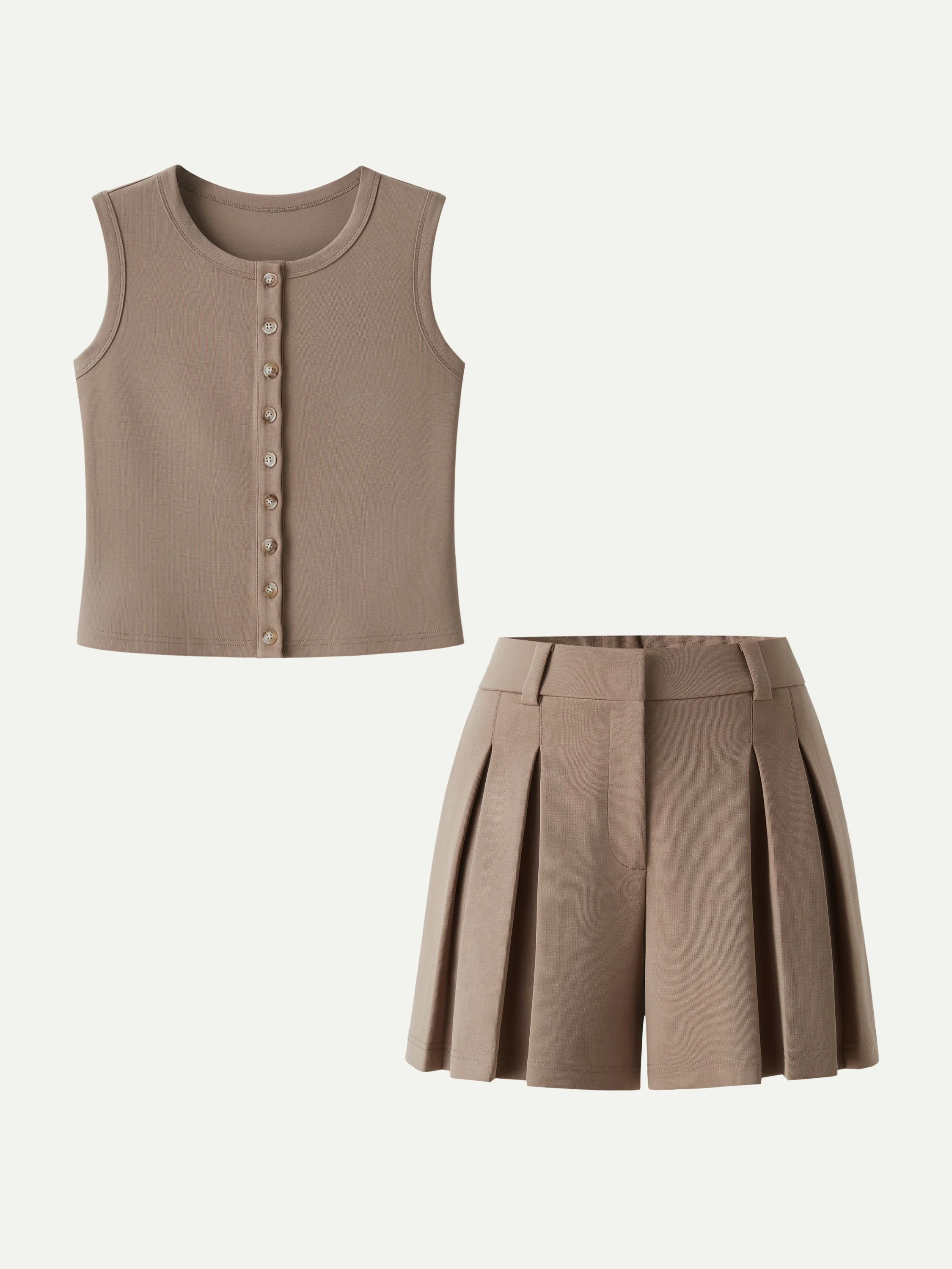 2Pcs Set Button-Front Cropped Vest & A-Line Pleated Shorts - Image 6