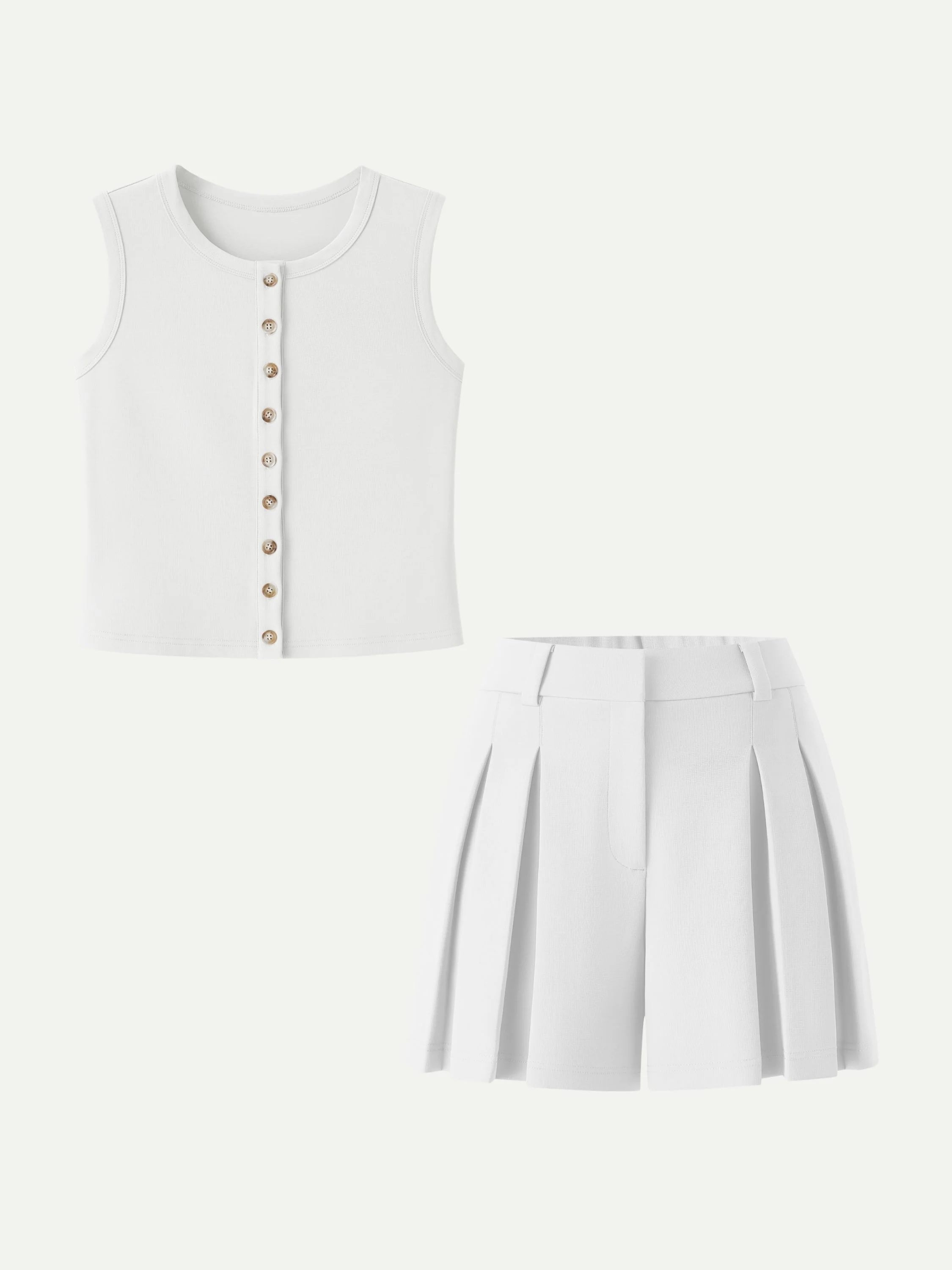 2Pcs Set Button-Front Cropped Vest & A-Line Pleated Shorts - Image 7