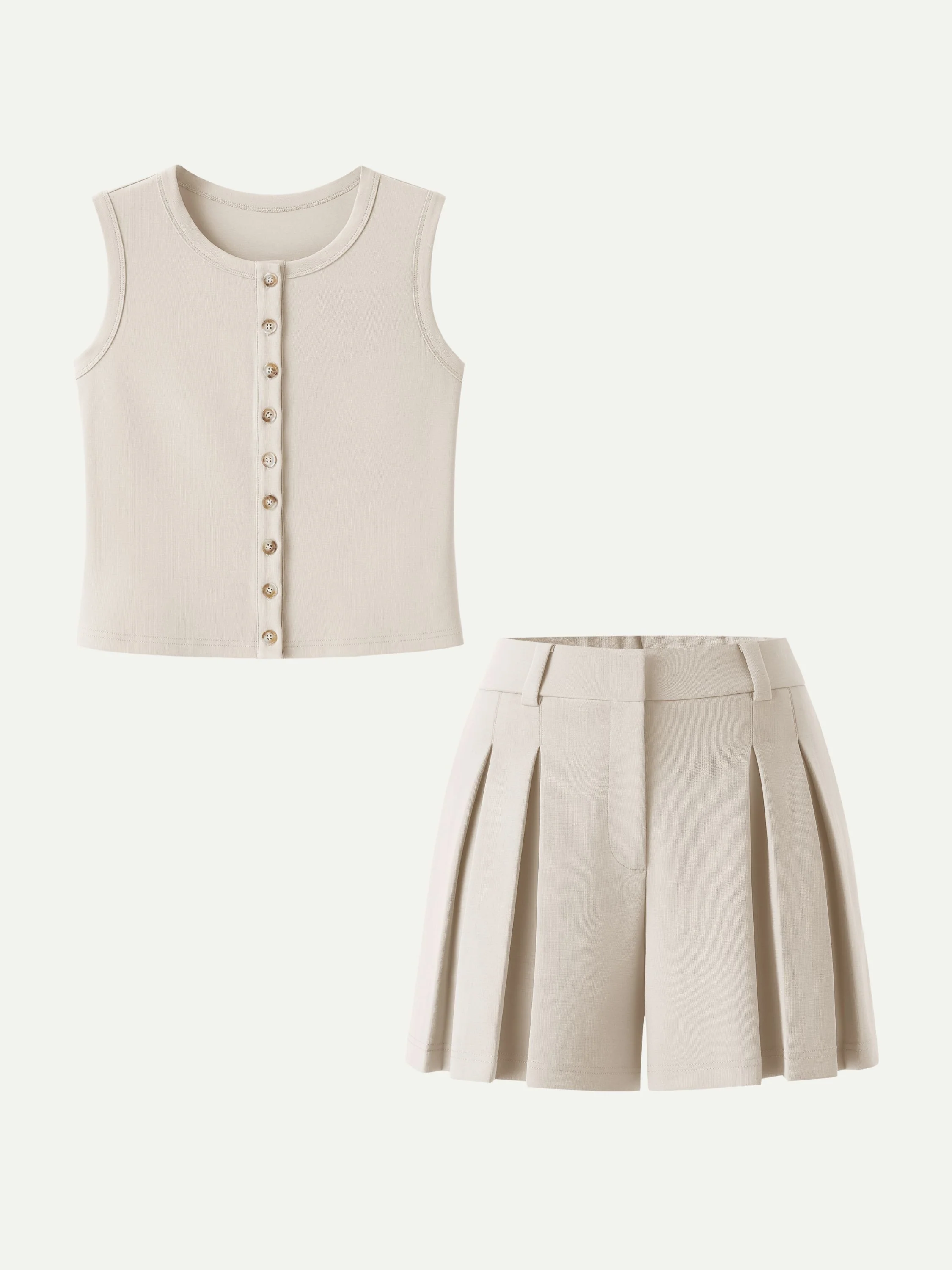 2Pcs Set Button-Front Cropped Vest & A-Line Pleated Shorts - Image 8