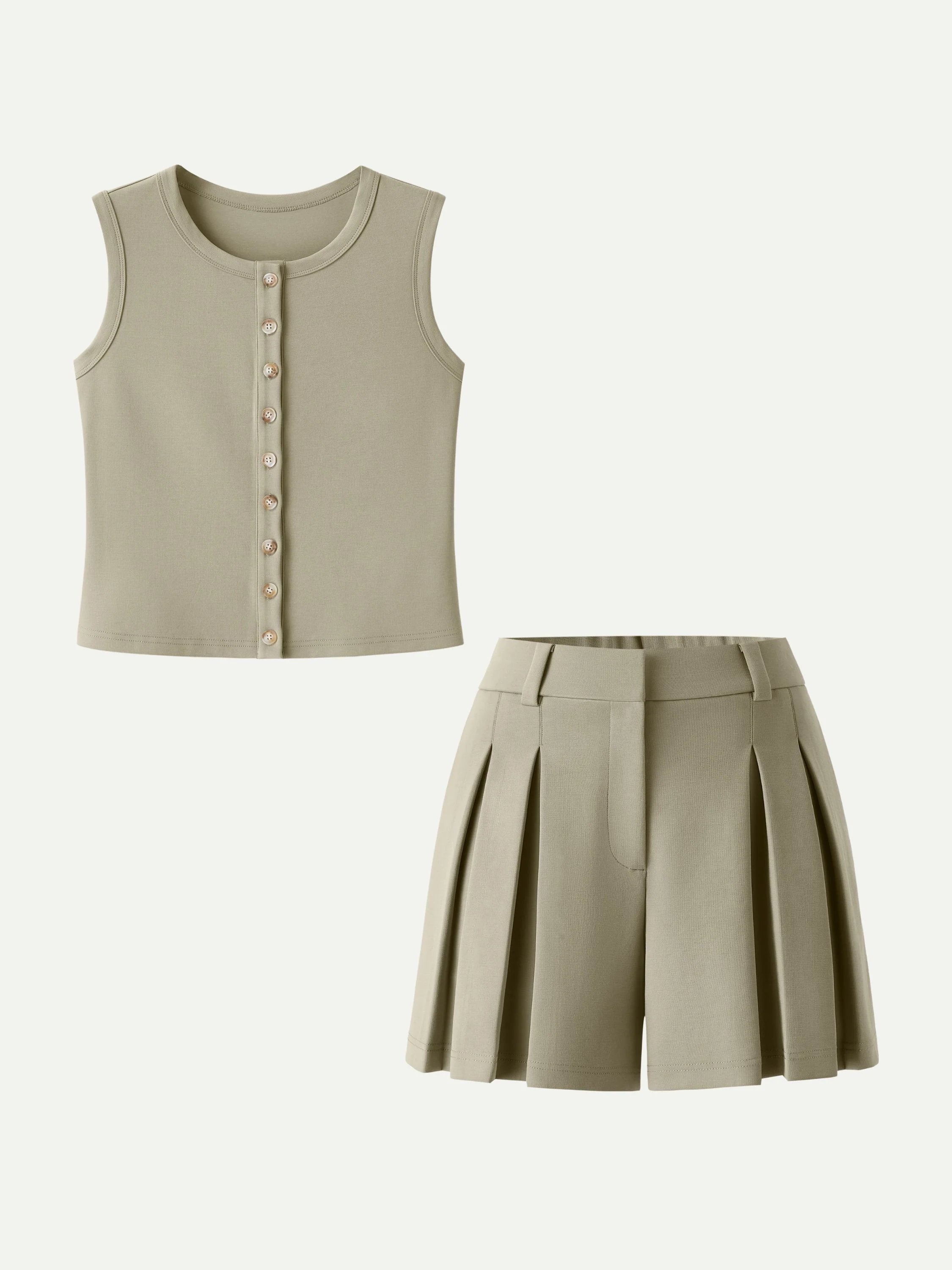 2Pcs Set Button-Front Cropped Vest & A-Line Pleated Shorts - Image 9