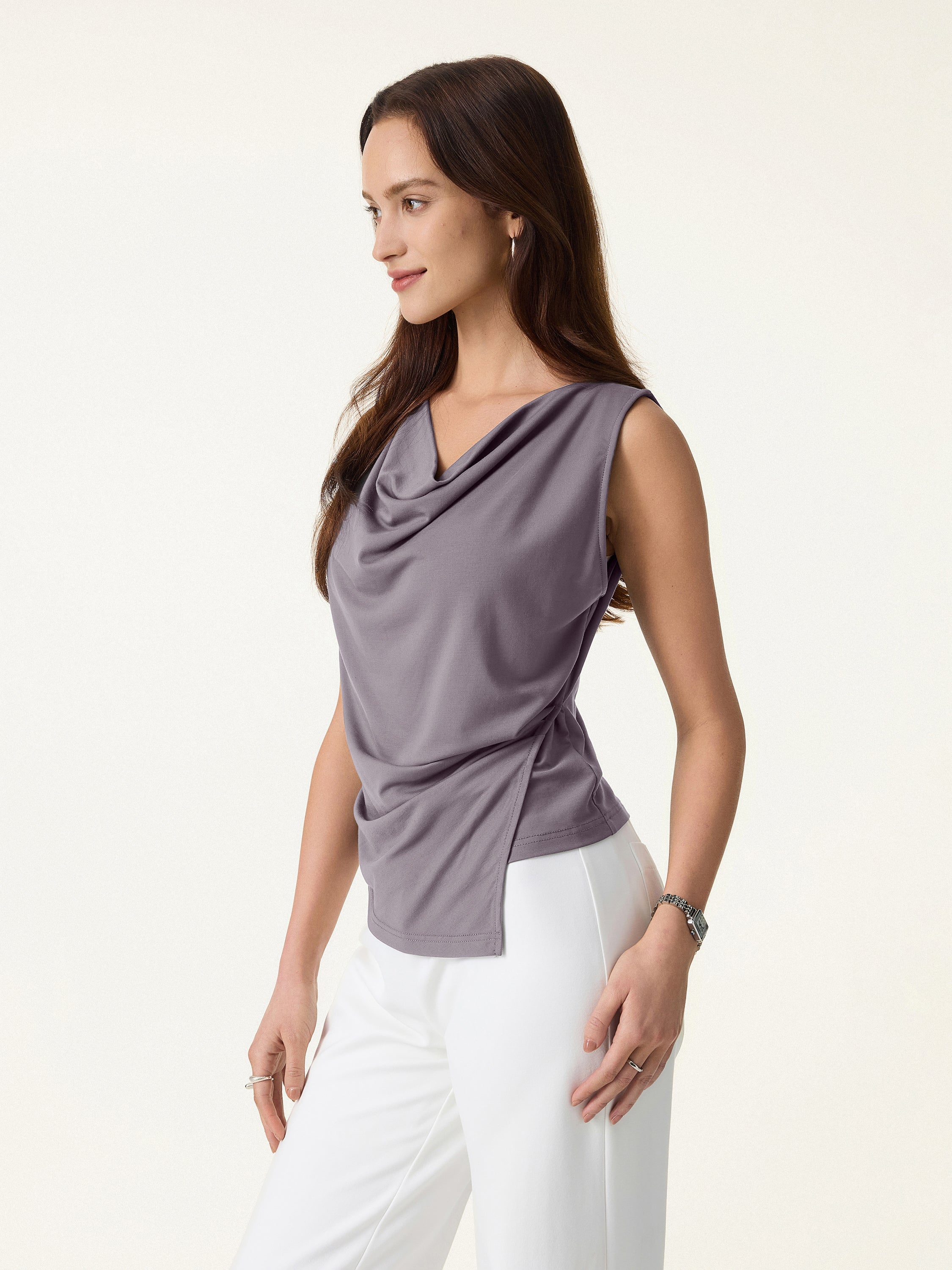 2Pcs Set Cowl Asymmetrical Tucked Top & Wide Leg Pants with Pockets - Image 10