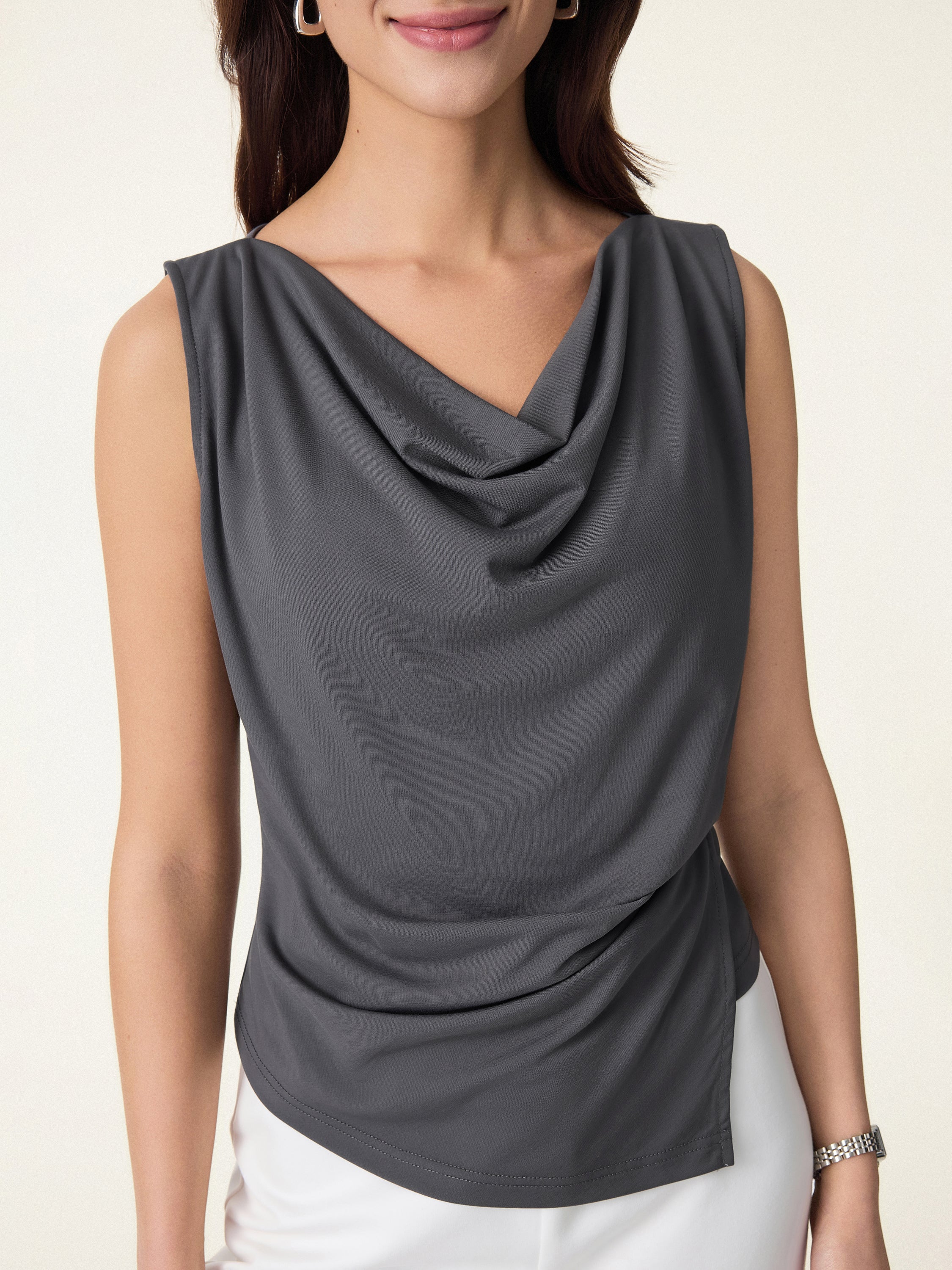 2Pcs Set Cowl Asymmetrical Tucked Top & Wide Leg Pants with Pockets - Image 11