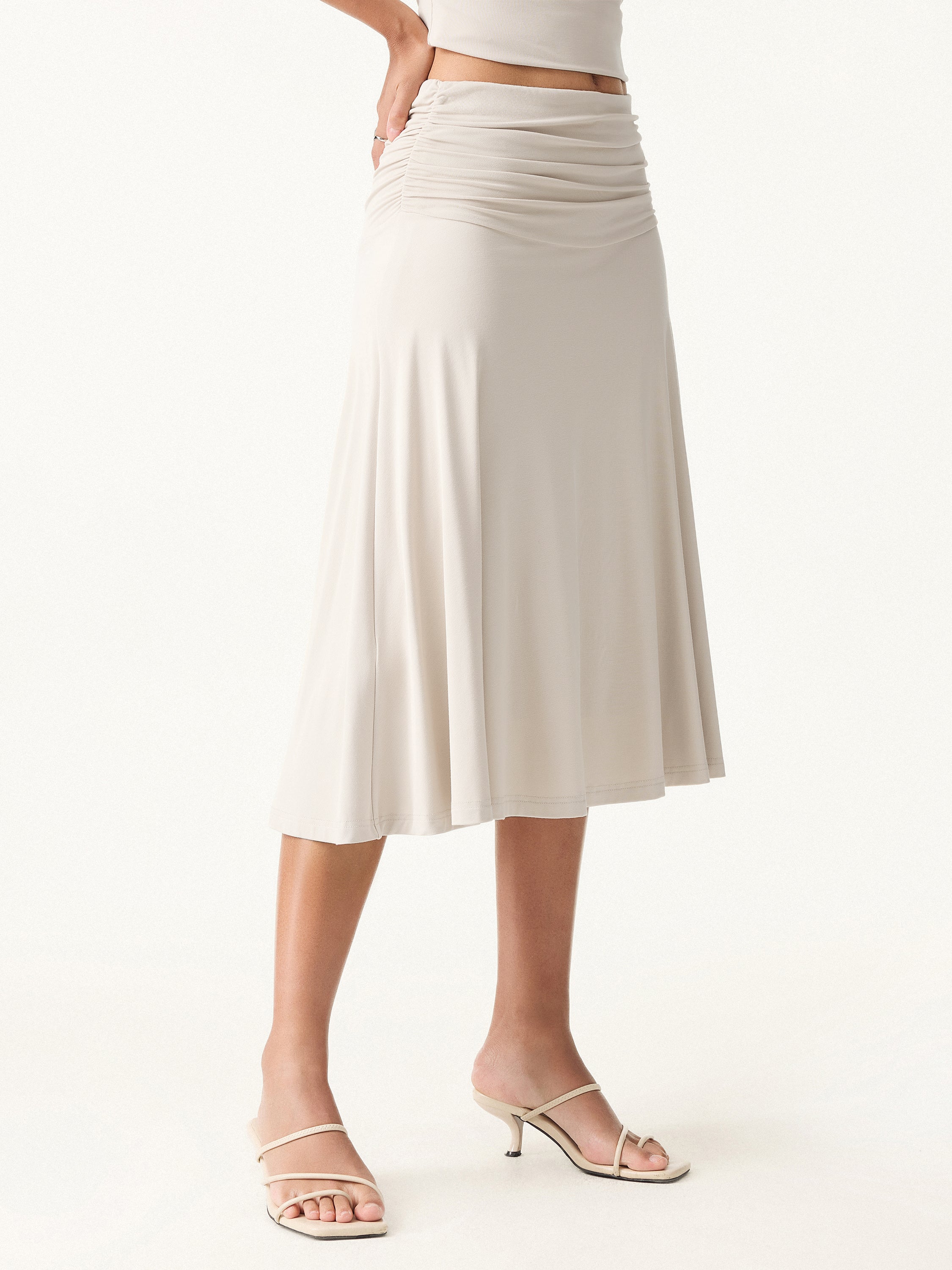 2Pcs Set Cowl Neck Ruched Bra Top & Side Ruched A-line Midi Skirt - Image 13