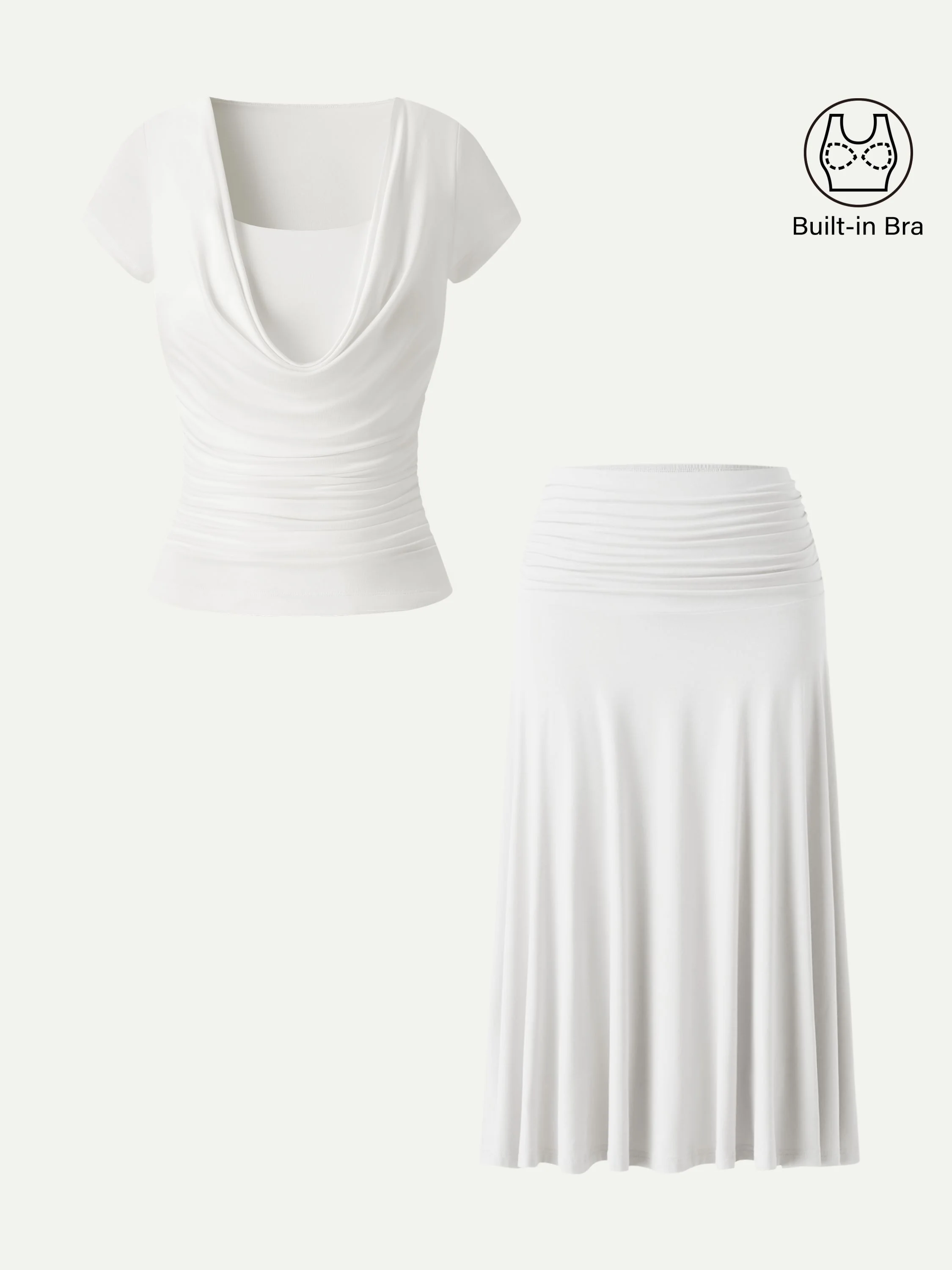 2Pcs Set Cowl Neck Ruched Bra Top & Side Ruched A-line Midi Skirt - Image 3