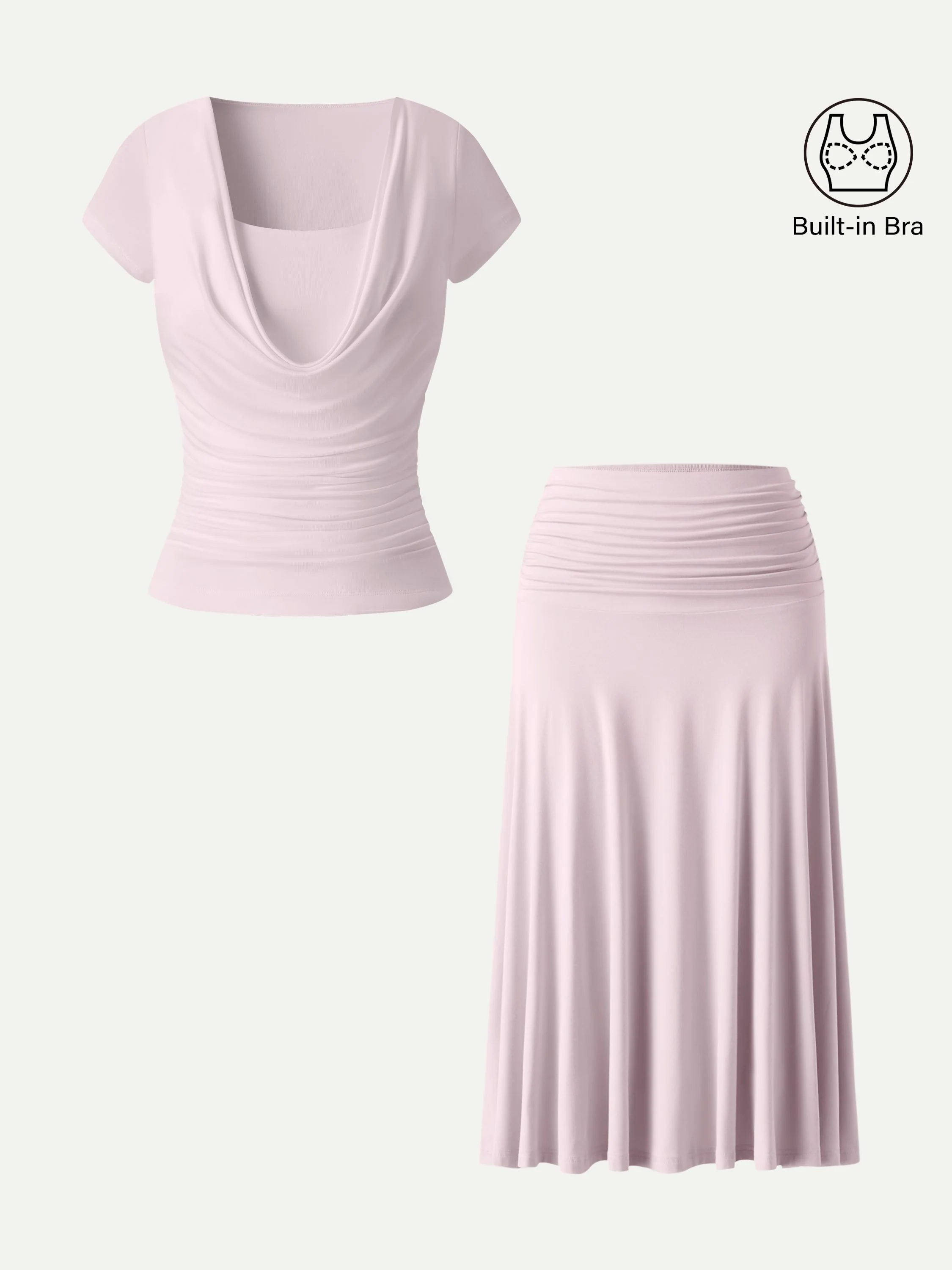 2Pcs Set Cowl Neck Ruched Bra Top & Side Ruched A-line Midi Skirt - Image 4