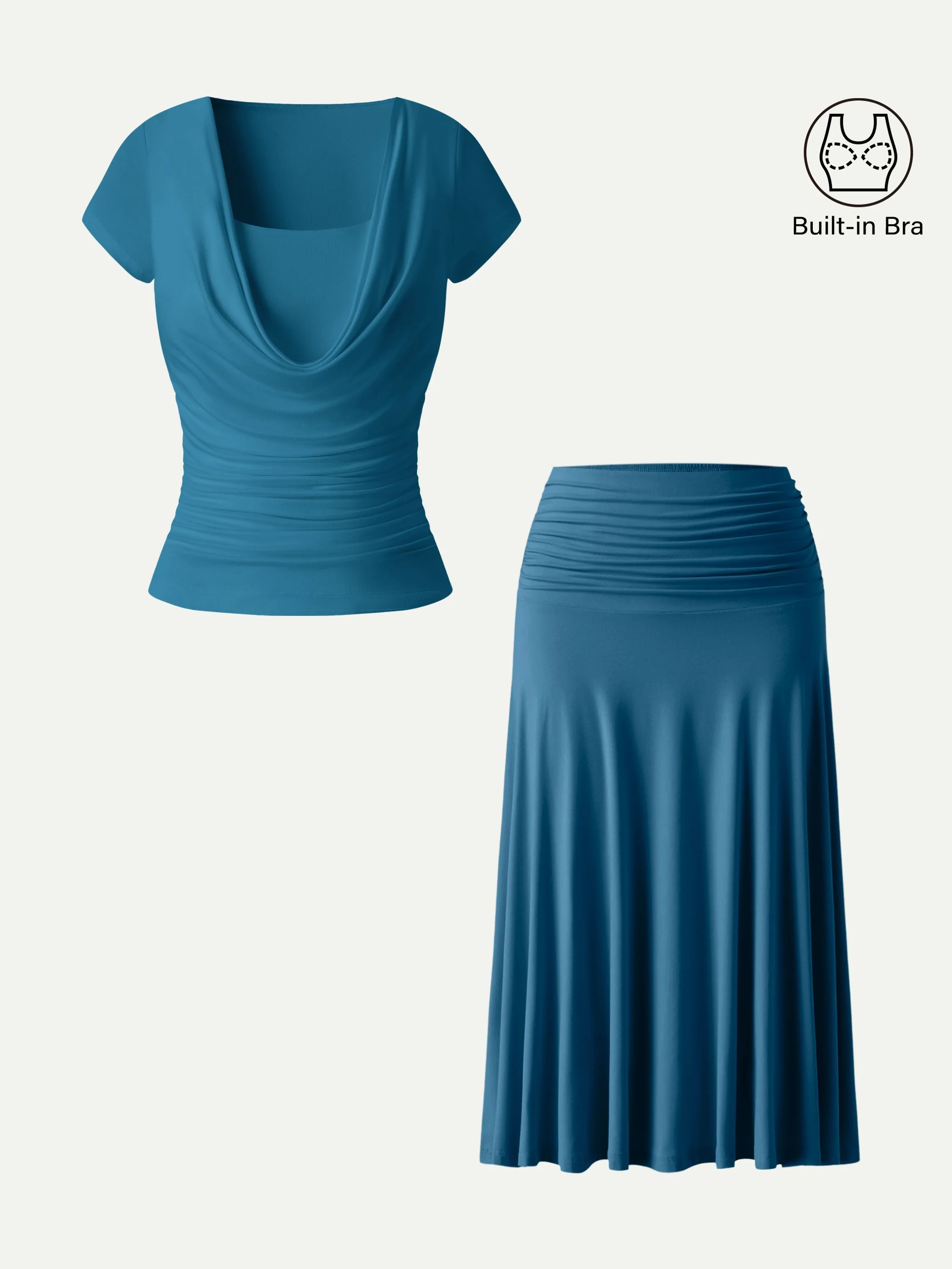 2Pcs Set Cowl Neck Ruched Bra Top & Side Ruched A-line Midi Skirt - Image 5