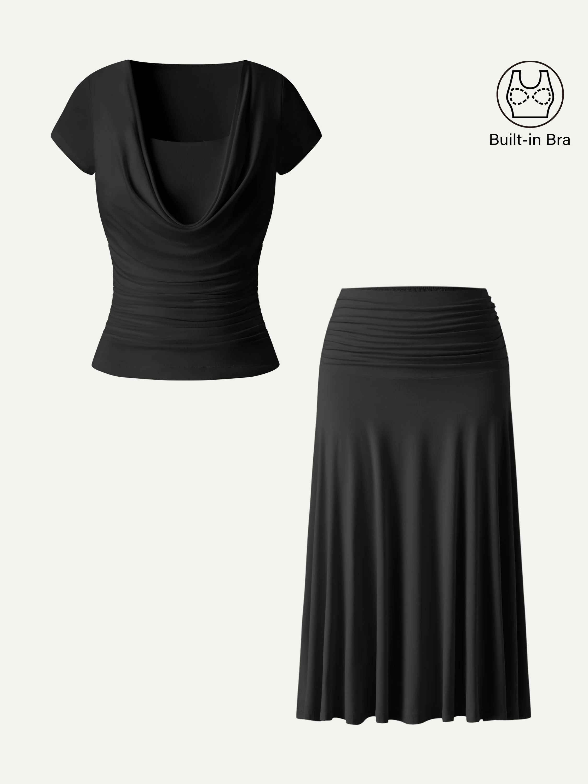 2Pcs Set Cowl Neck Ruched Bra Top & Side Ruched A-line Midi Skirt - Image 7