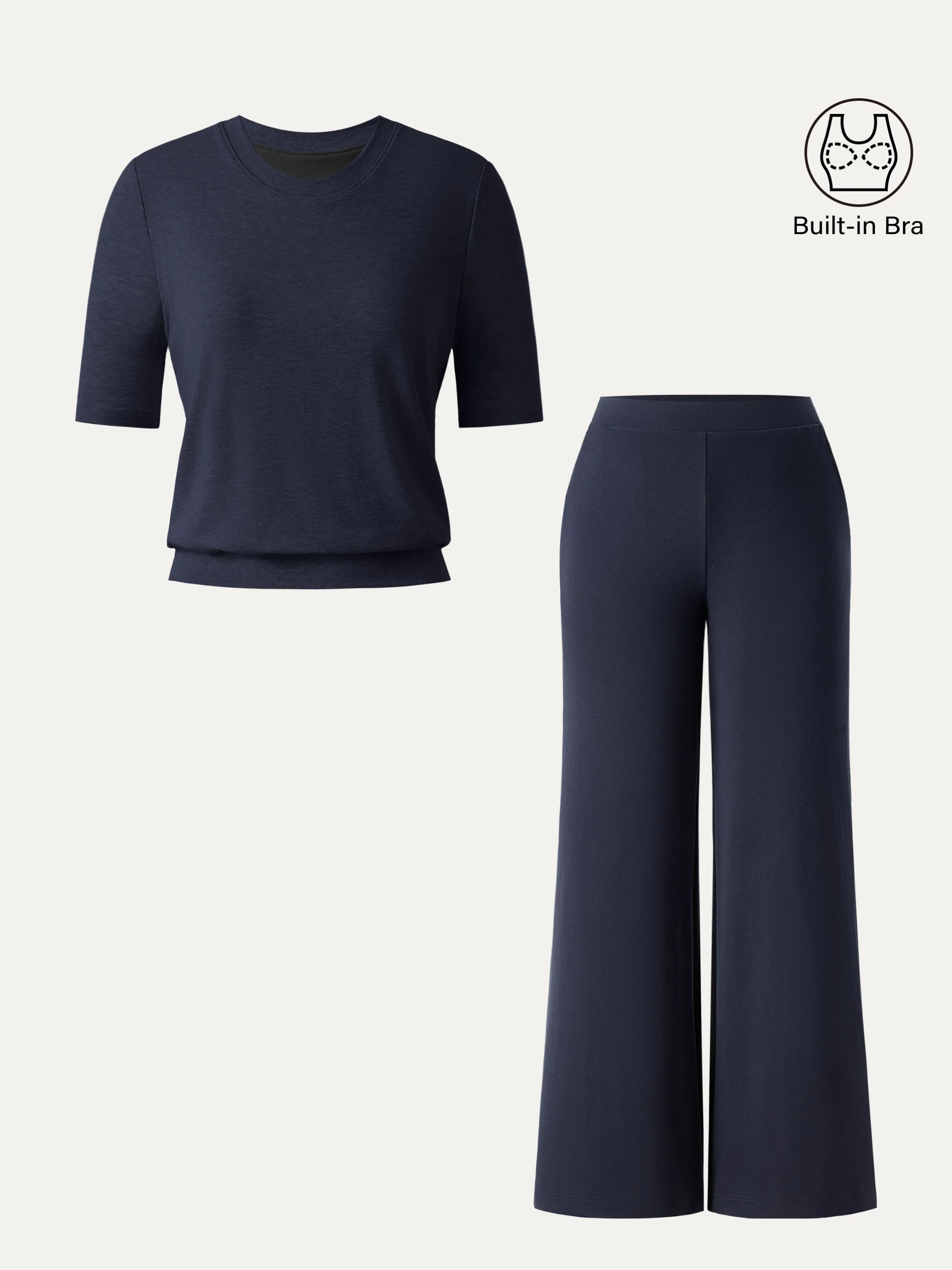 2Pcs Set Petite Mid Rise Wide Leg Pant with Pockets & Crewneck Bra Top with Banded Hem - Image 2