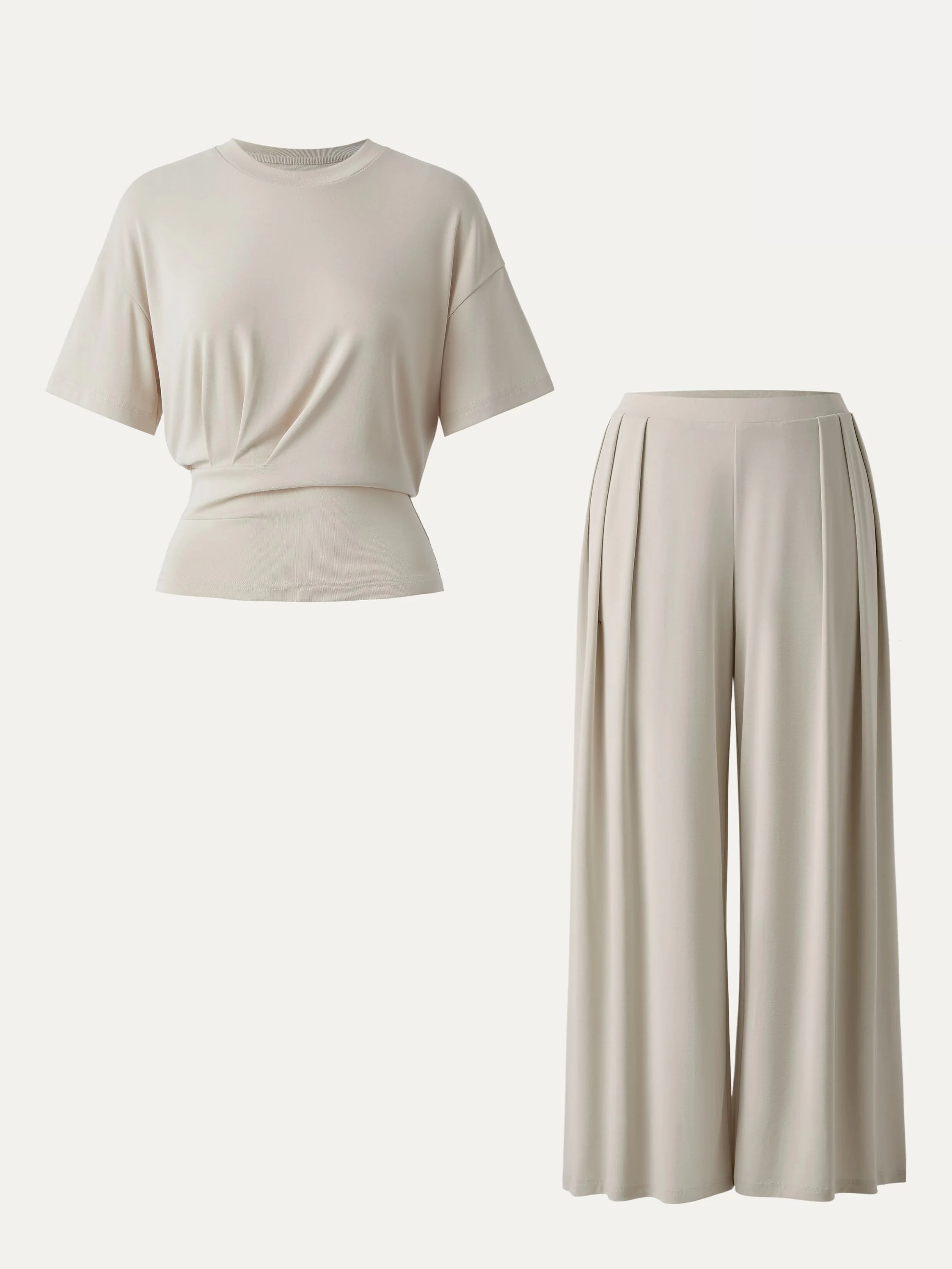 2Pcs Set Crewneck Short Sleeve Tee & Mid Rise Pleated Wide Leg Pant with Pockets - Image 2