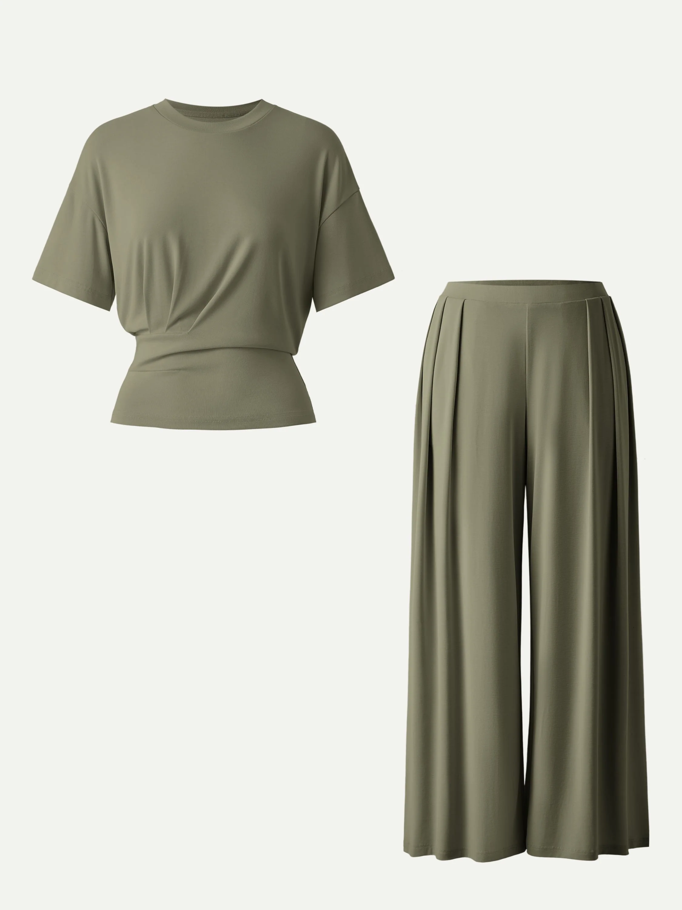 2Pcs Set Crewneck Short Sleeve Tee & Mid Rise Pleated Wide Leg Pant with Pockets - Image 3