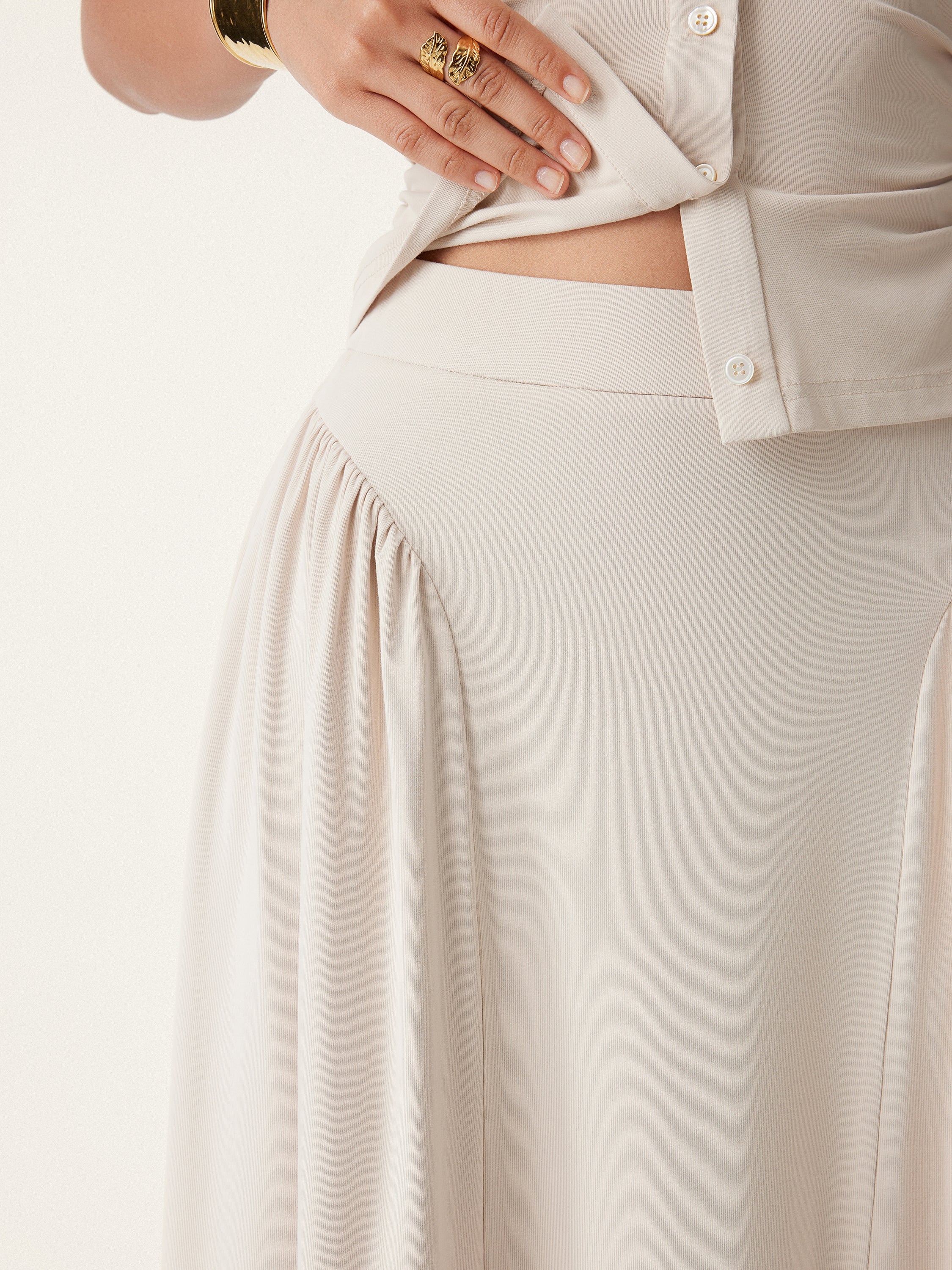 2Pcs Set Faux Button Placket Shirt Tank & Flared Midi Skirt with Pockets - Image 14