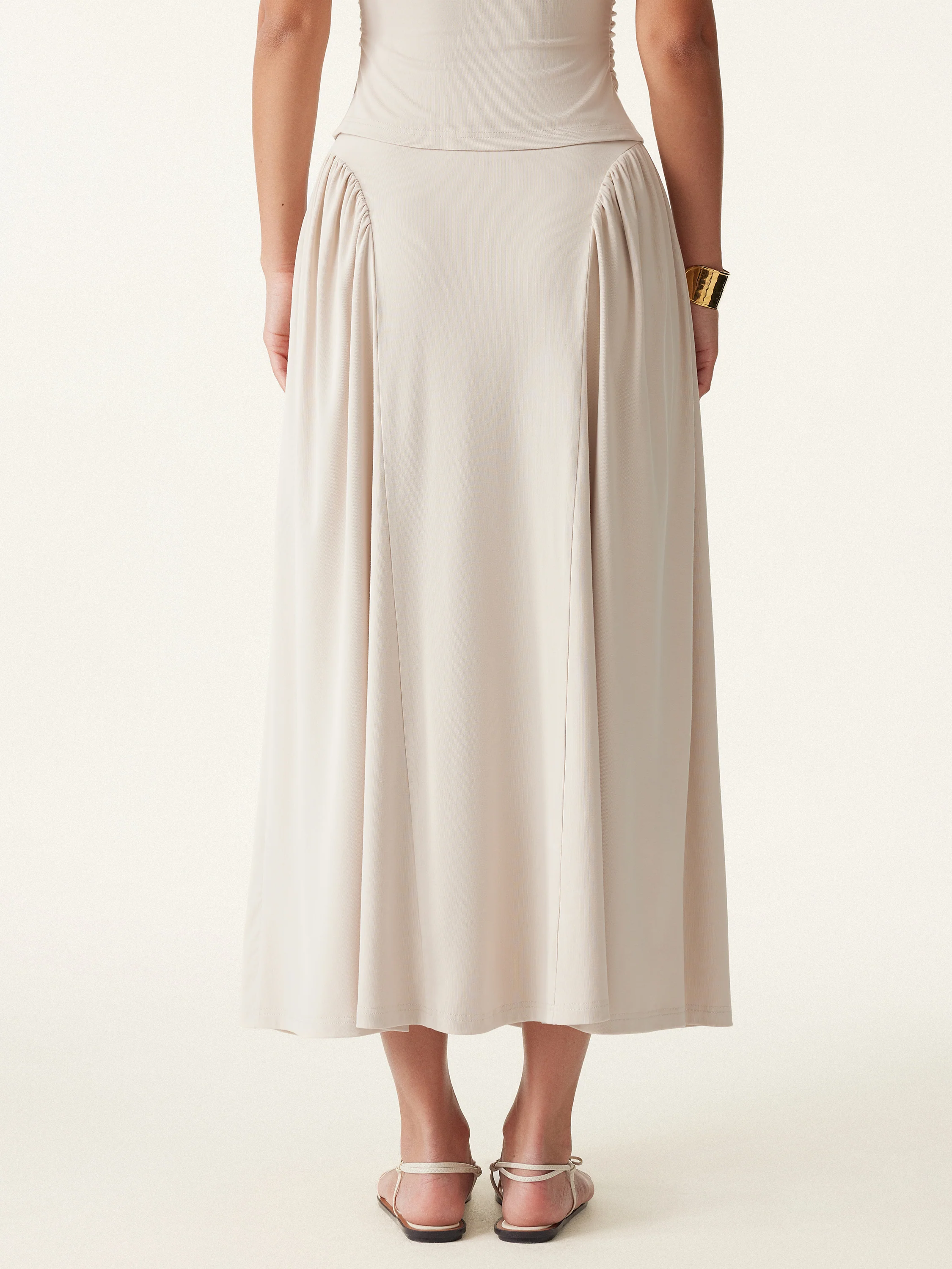 2Pcs Set Faux Button Placket Shirt Tank & Flared Midi Skirt with Pockets - Image 16