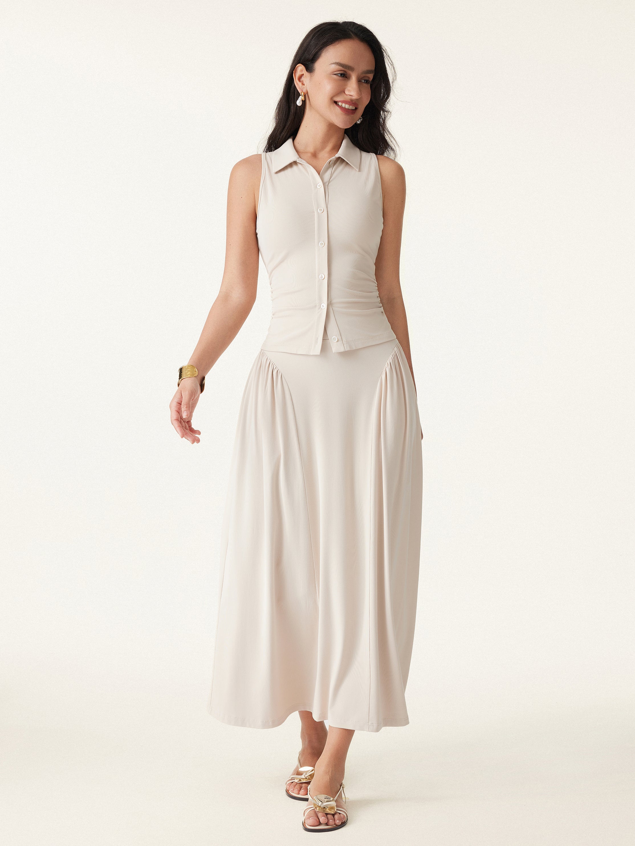 2Pcs Set Faux Button Placket Shirt Tank & Flared Midi Skirt with Pockets - Image 3
