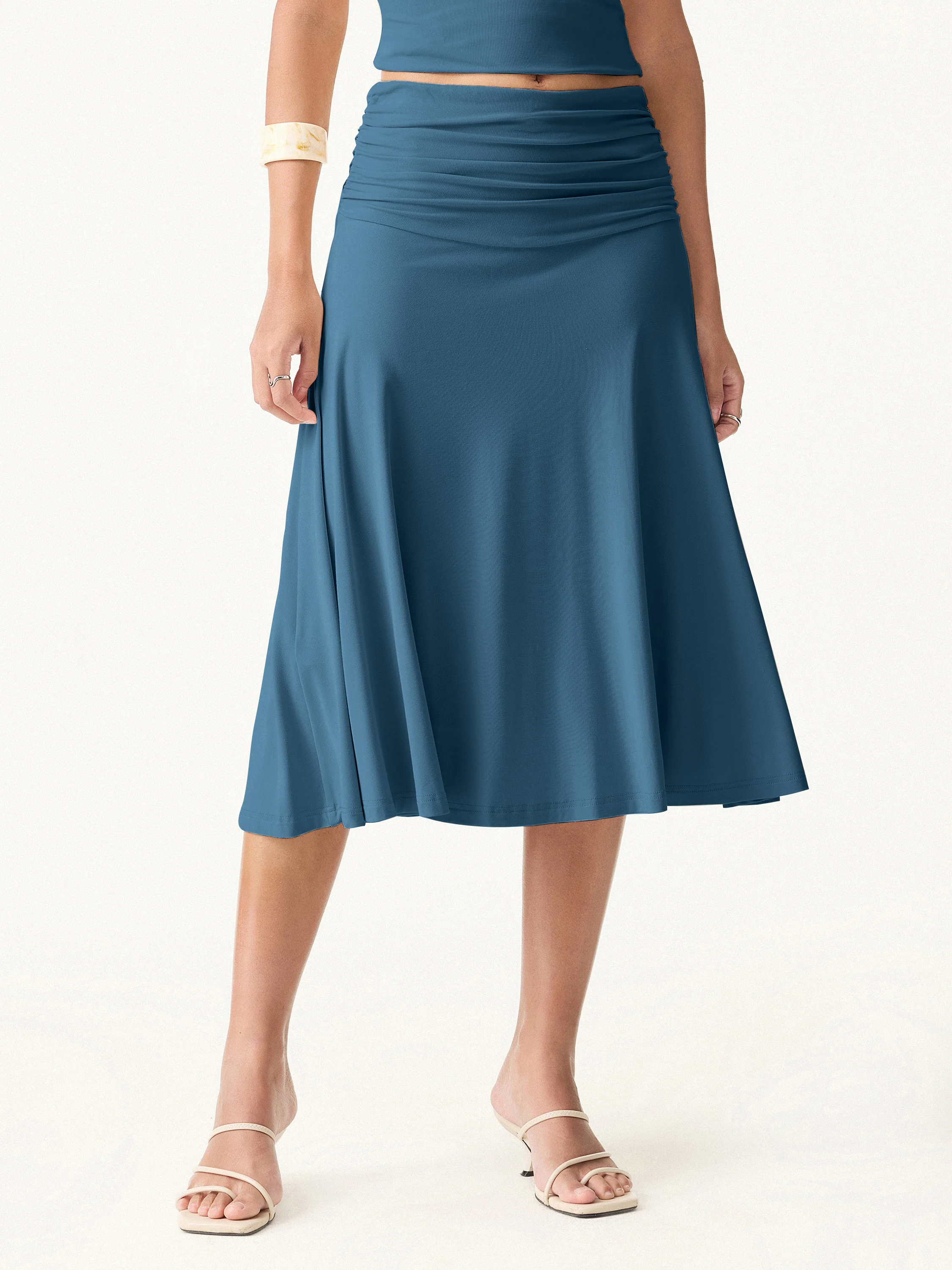 Flowy Side Ruched A-line Midi Skirt - Image 16