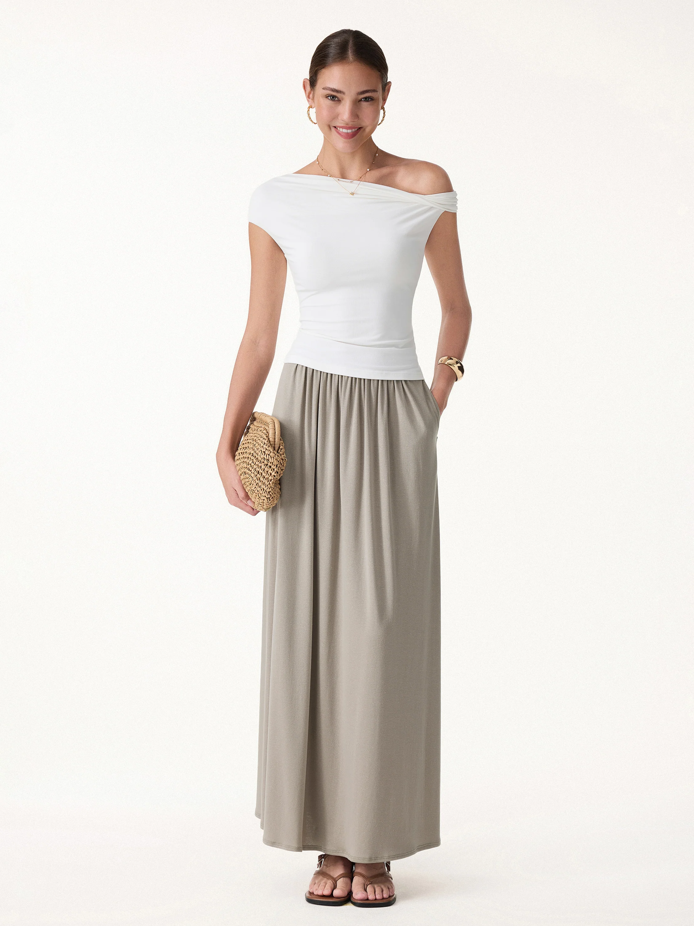 2Pcs Set Round Neck Top & A-Line Maxi Skirt with Pockets - Image 15