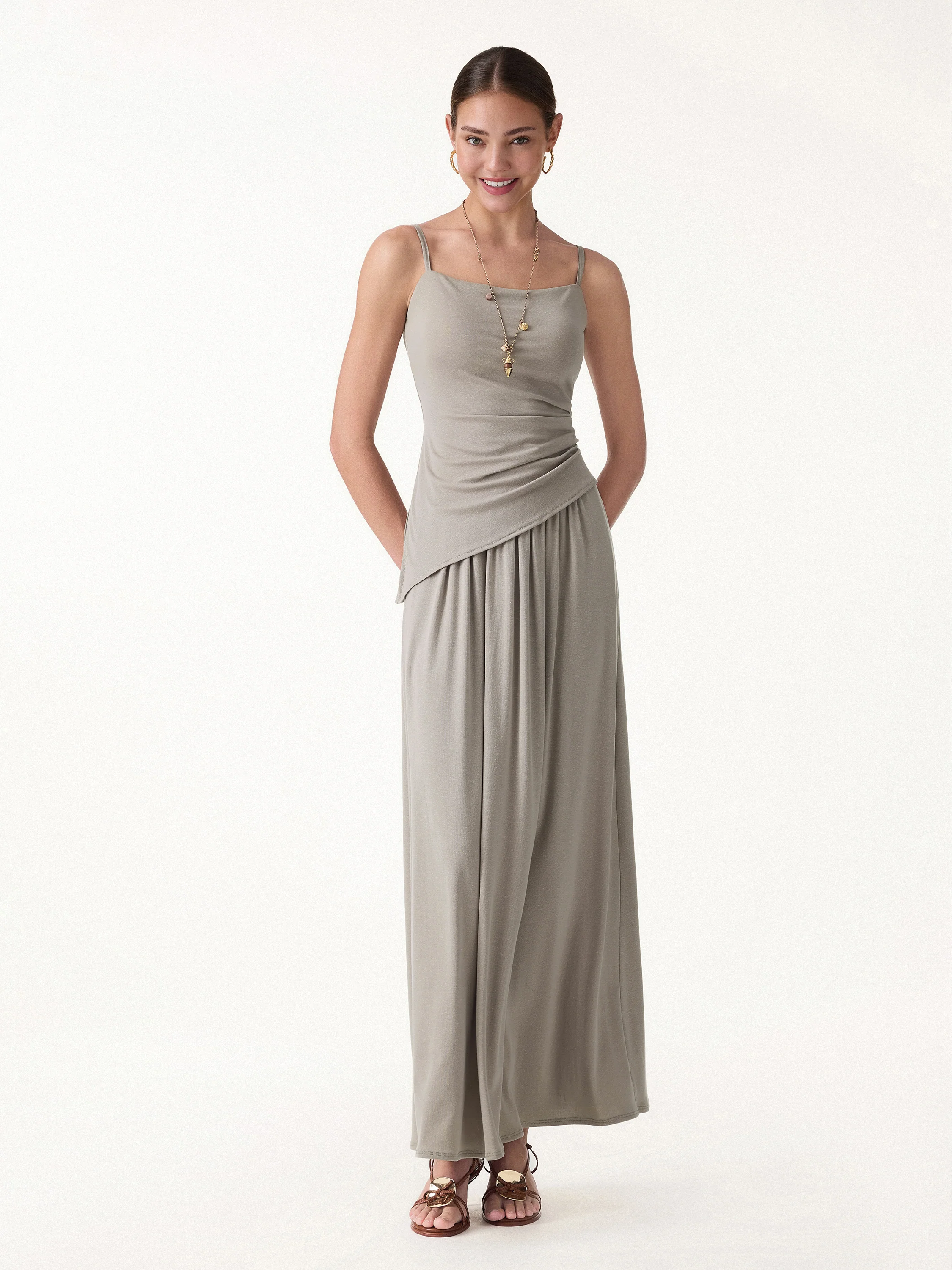2Pcs Set Spaghetti Bra Top with Side Slit & A-Line Maxi Skirt with Pockets