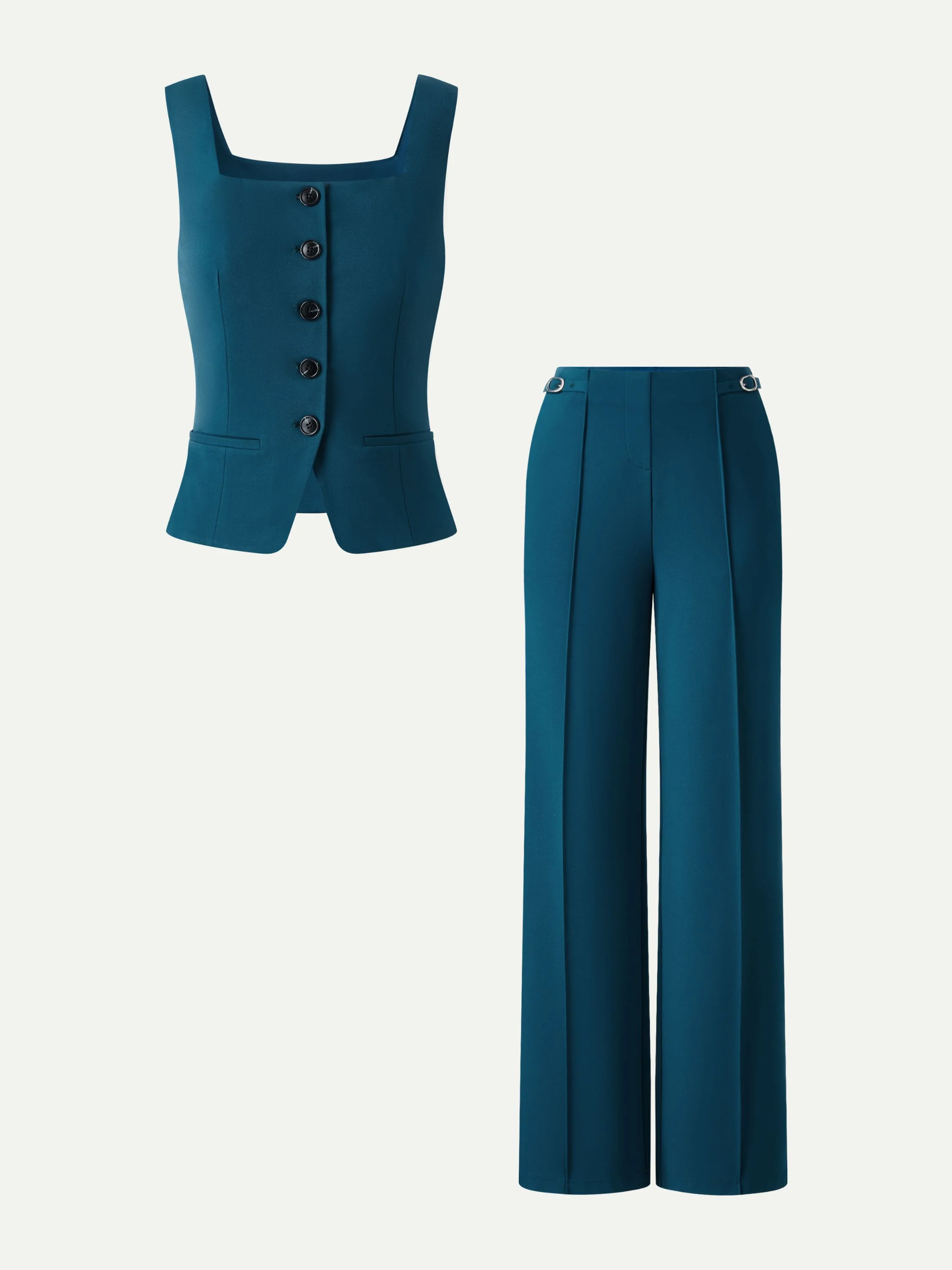 2Pcs Set Square Neck Waistcoat with Pockets & Wide Leg Ankled Pant - Image 5