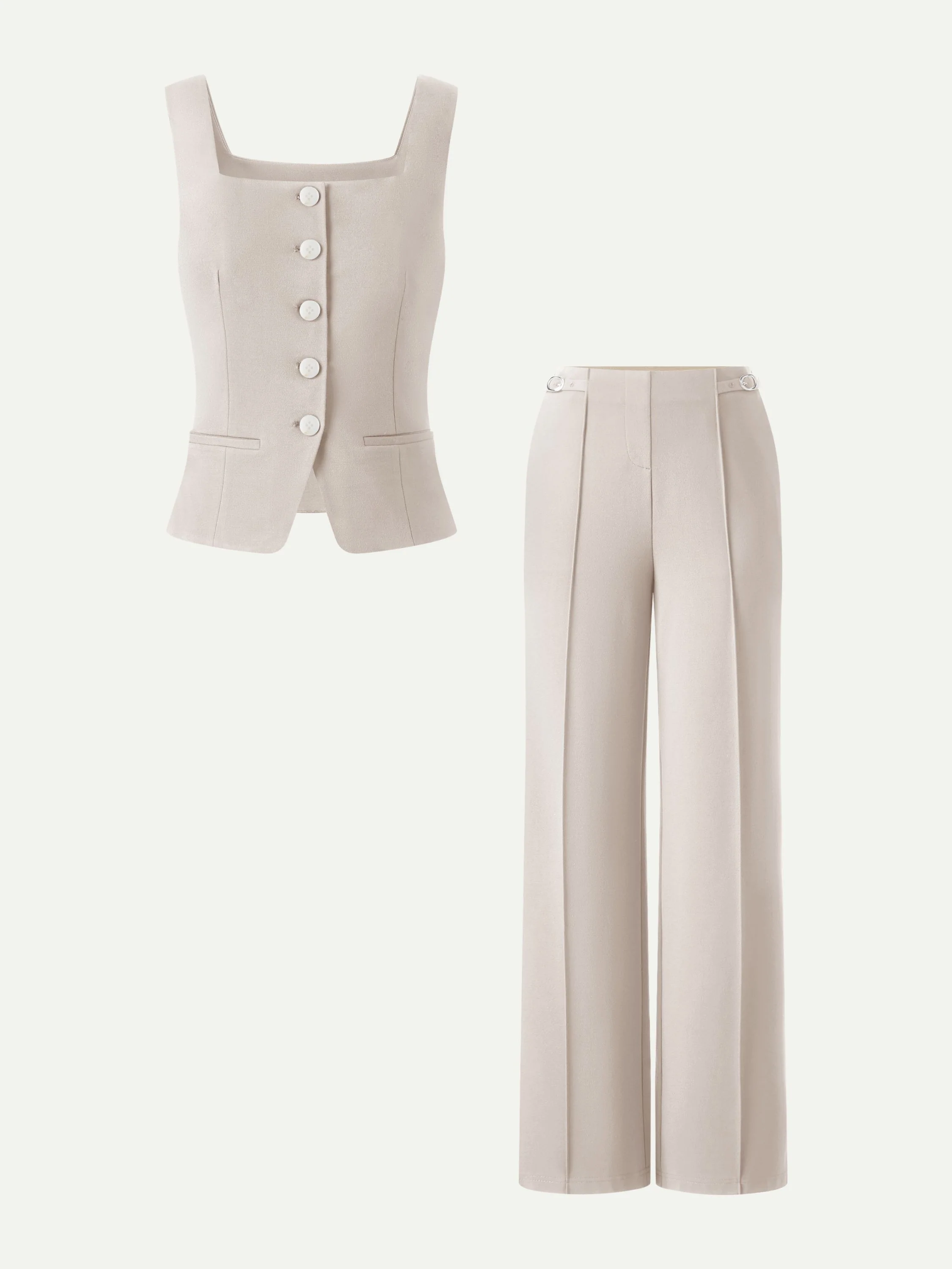 2Pcs Set Square Neck Waistcoat with Pockets & Wide Leg Ankled Pant - Image 6