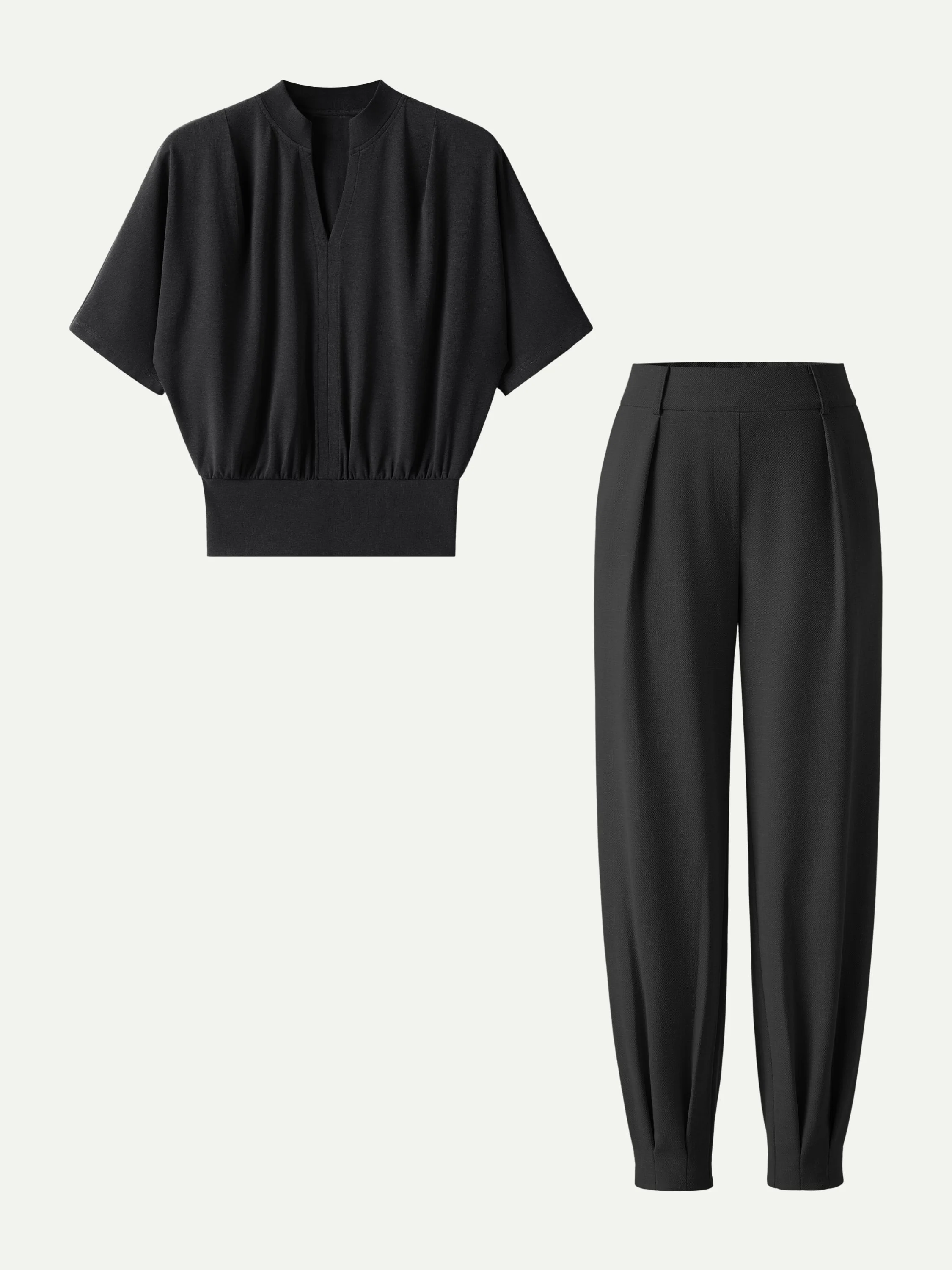 2Pcs Set Stand Collar V-Neck Top & Wrinkle-Resistant Tapered Pant - Image 5