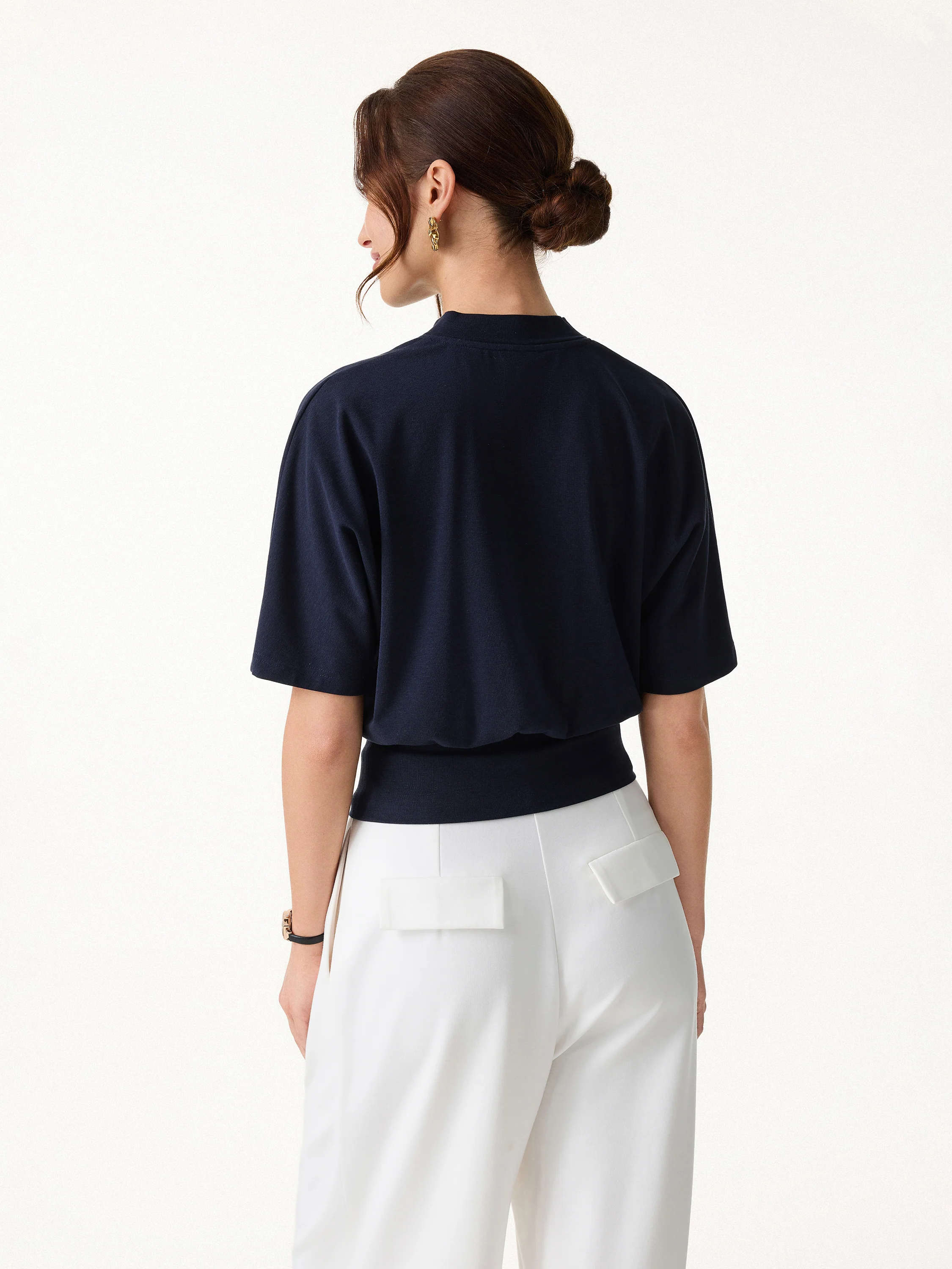 Stand Collar V-Neck Short Sleeve Top - Image 7