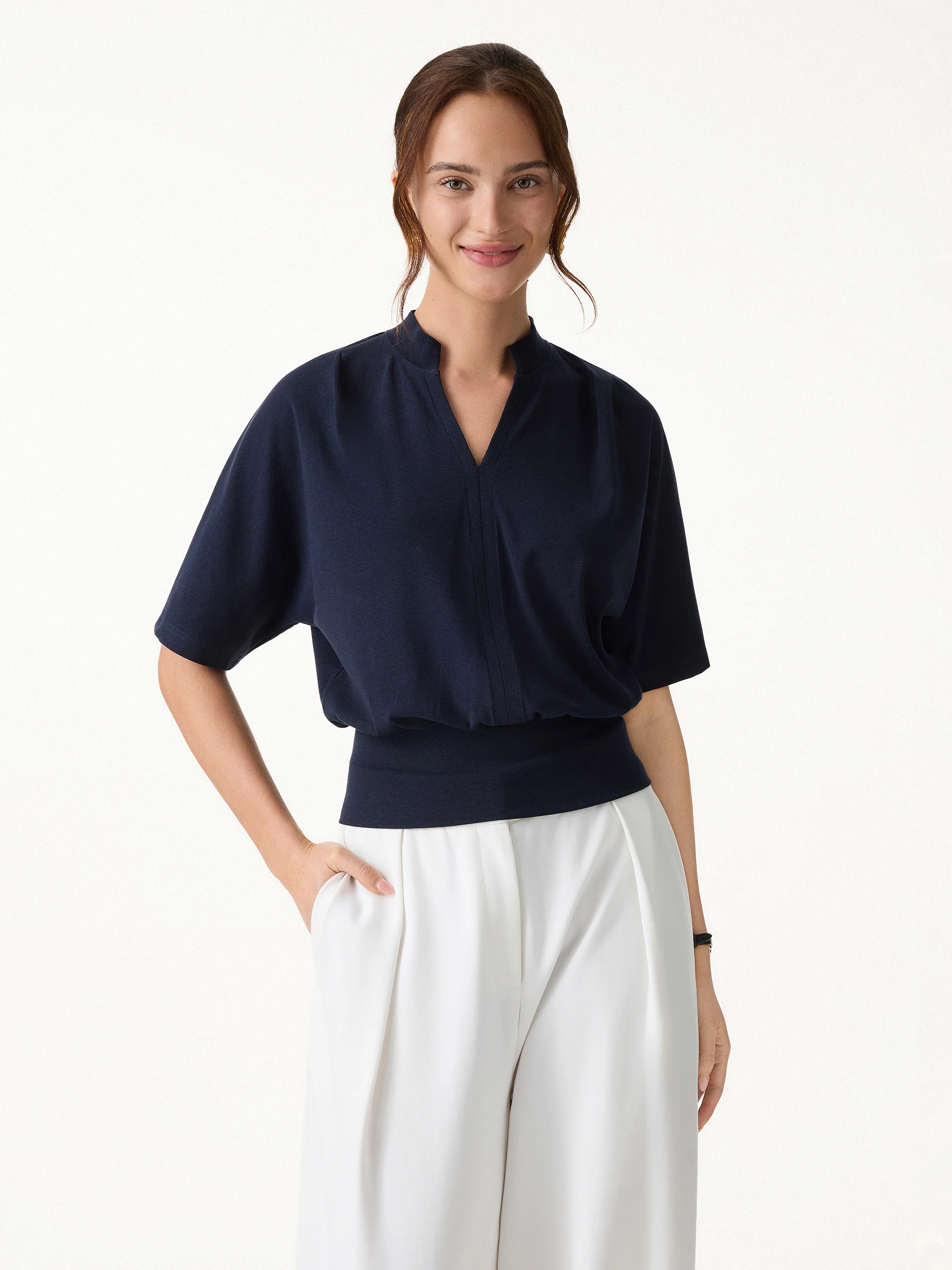 Stand Collar V-Neck Short Sleeve Top - Image 5