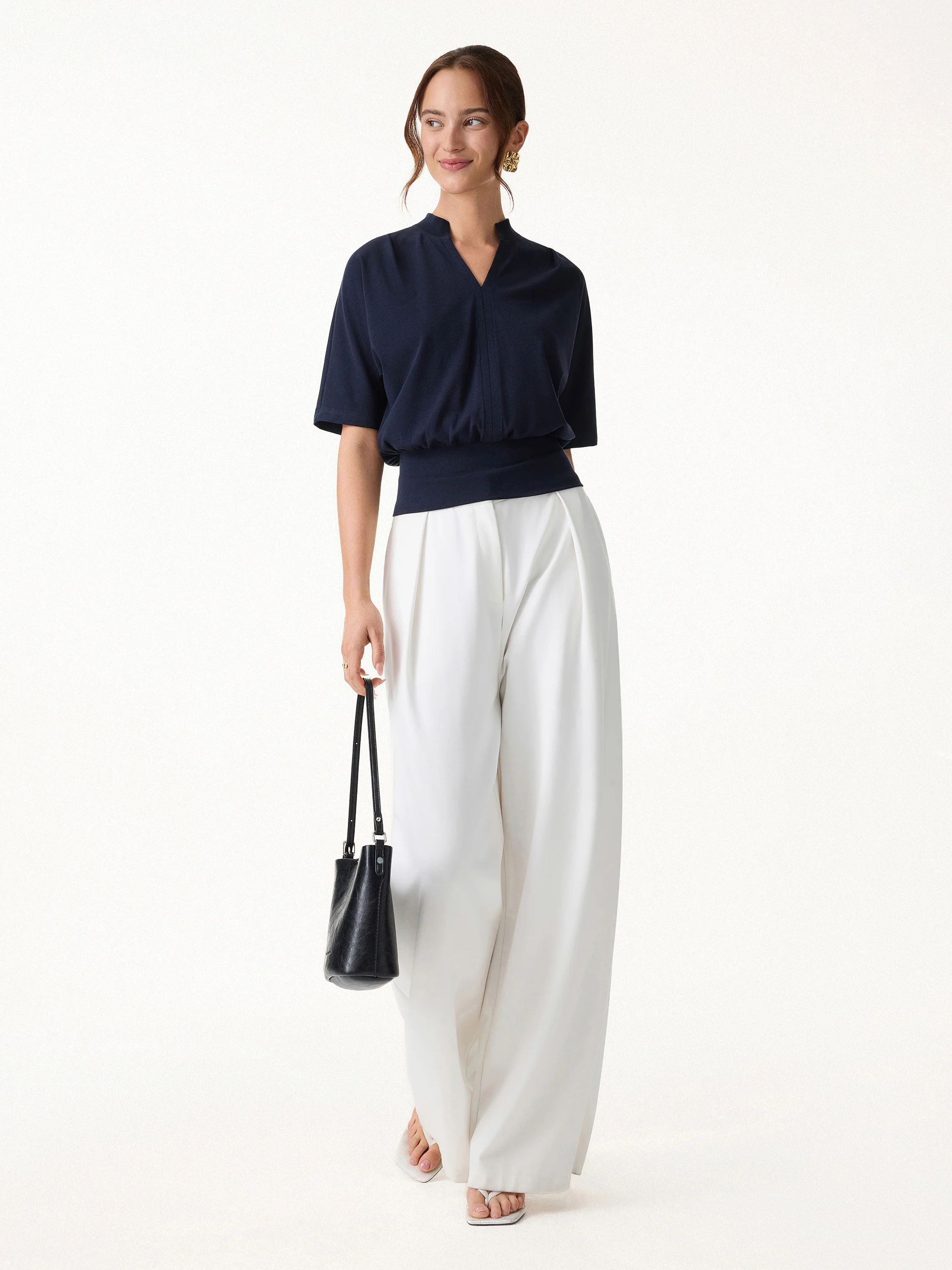 Stand Collar V-Neck Short Sleeve Top - Image 4
