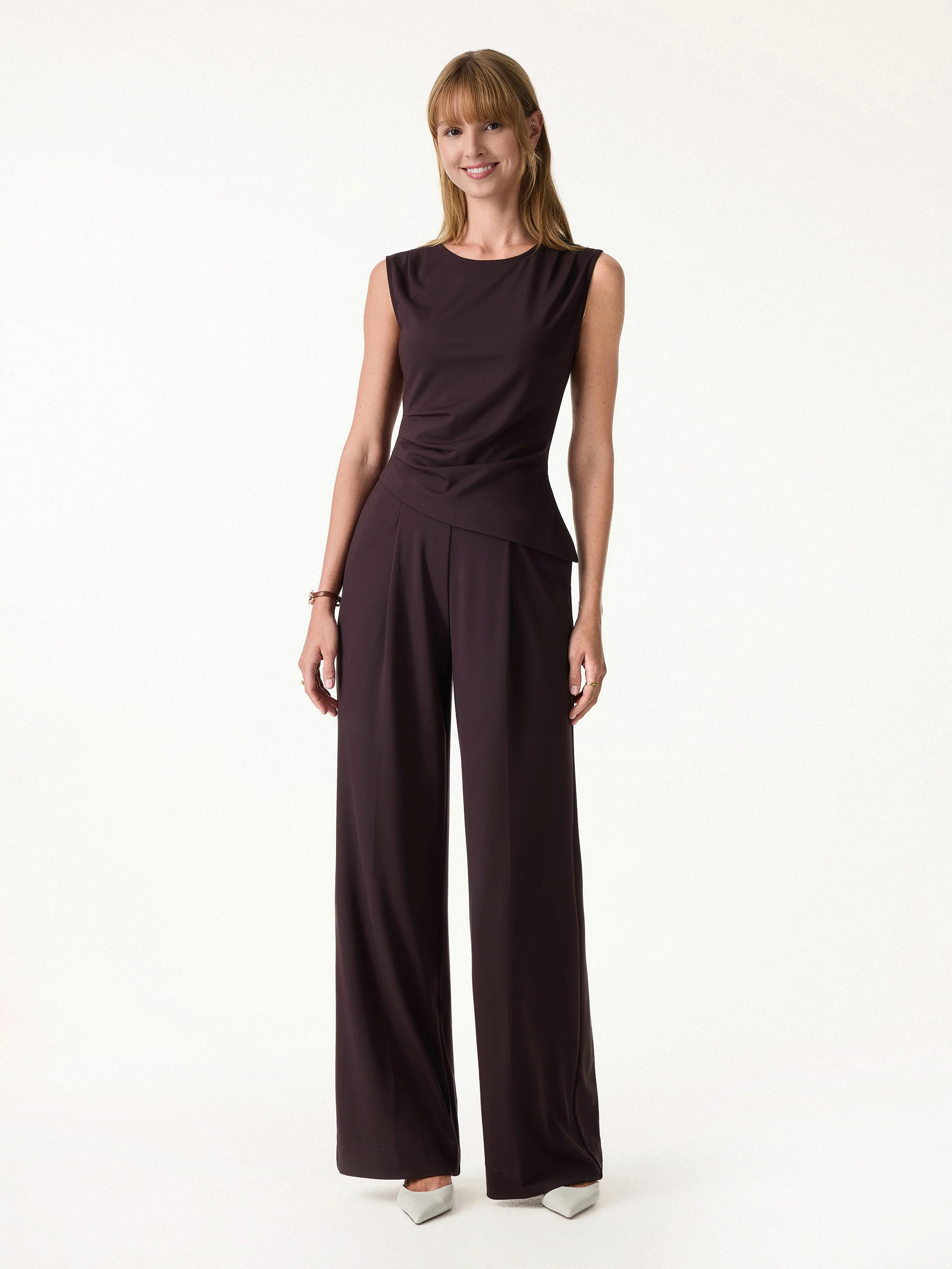 2Pcs Set Tucked Asymmetrical Hem Top & High Rise Wide Leg Pant - Image 3