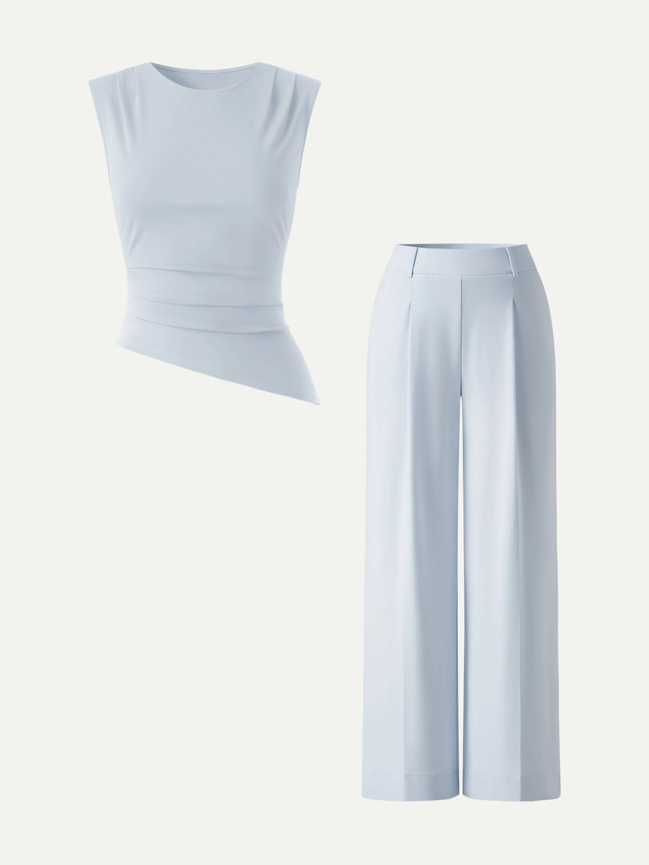 2Pcs Set Tucked Asymmetrical Hem Top & High Rise Wide Leg Pant - Image 9