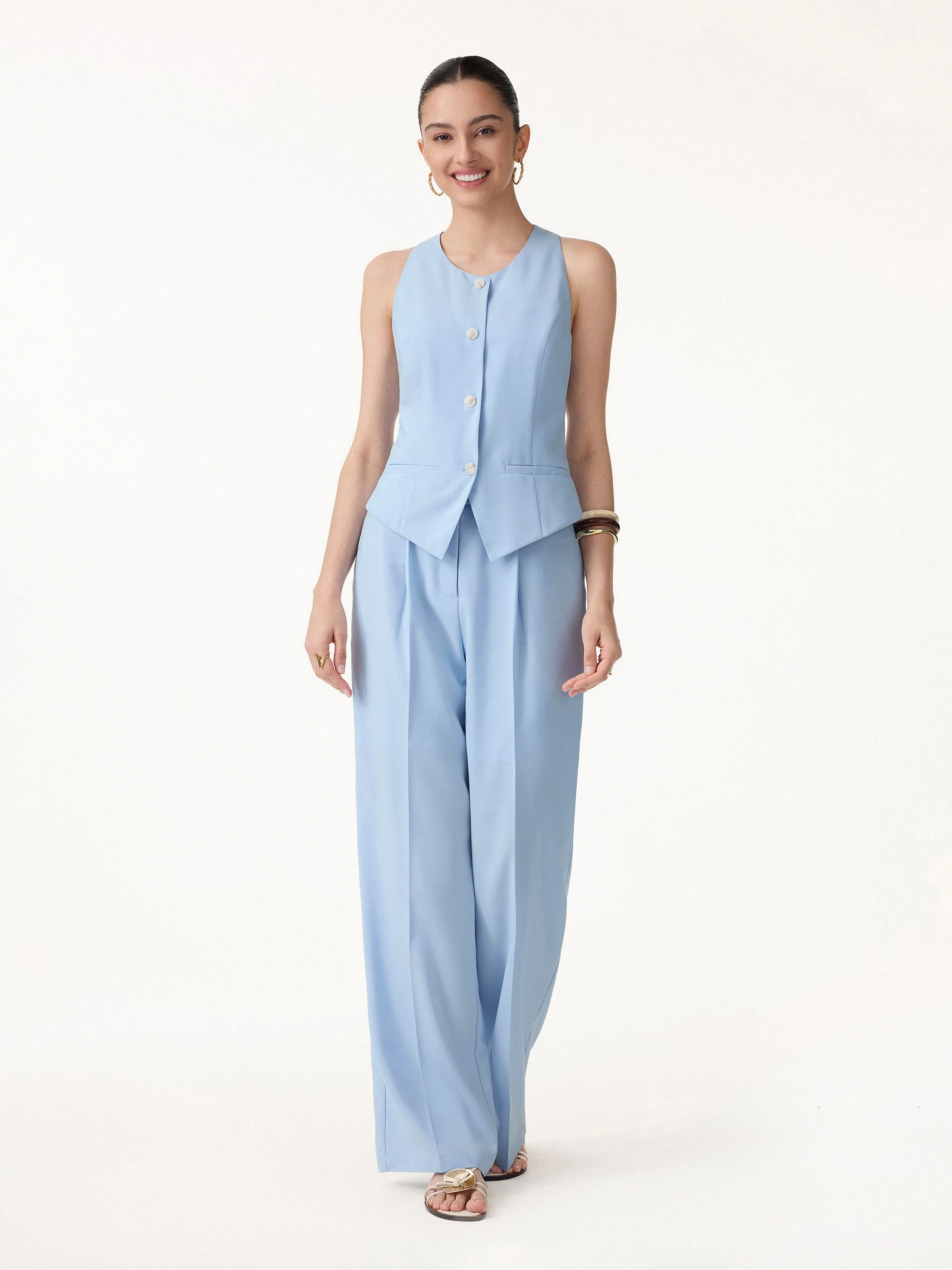 2Pcs Set Waistcoat with Pockets & Wide Leg Pant - Image 12