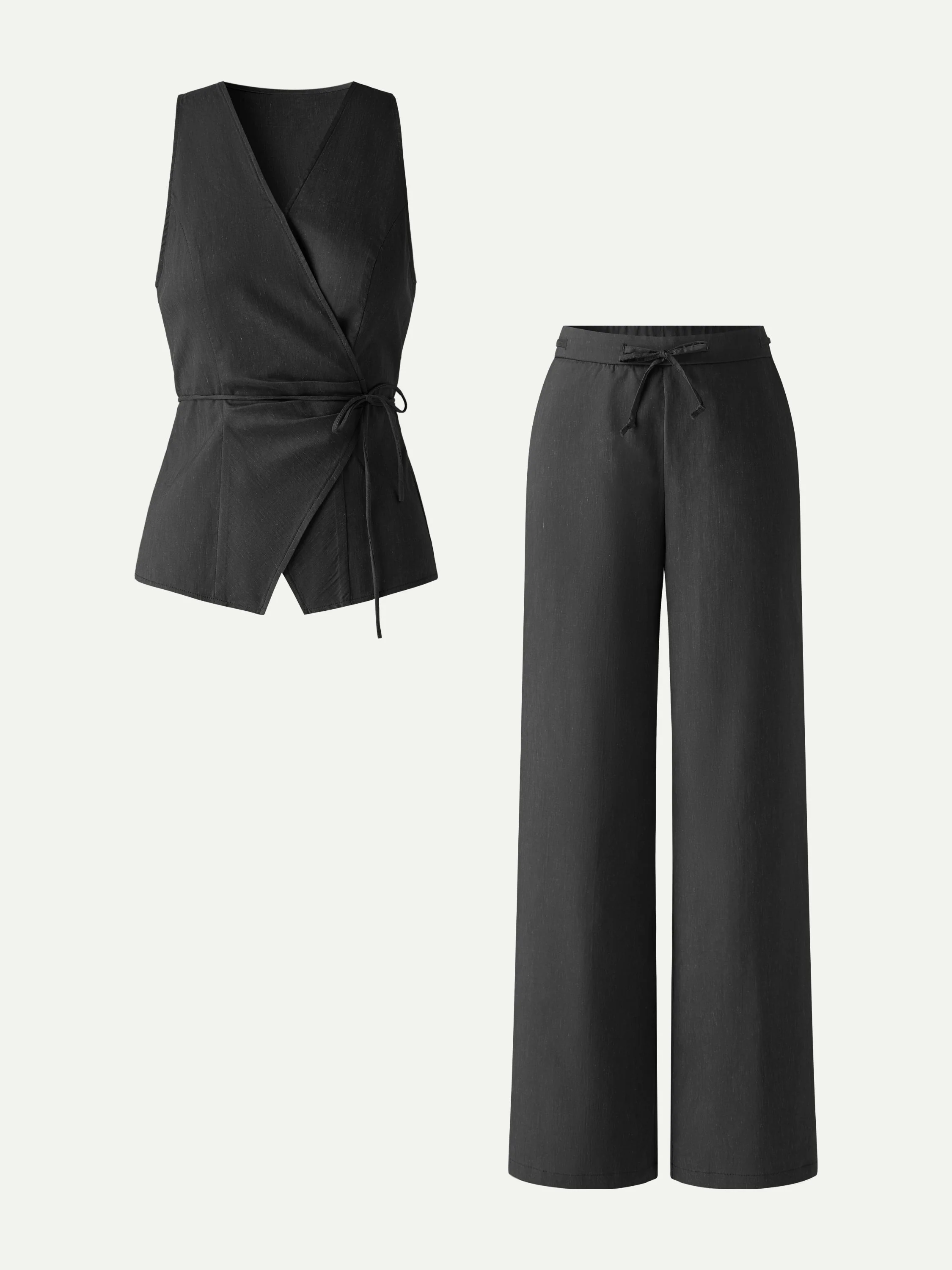 2Pcs Set Wrap Top with Self-Tie & Drawstring Wide Leg Pant with Pockets - Image 13