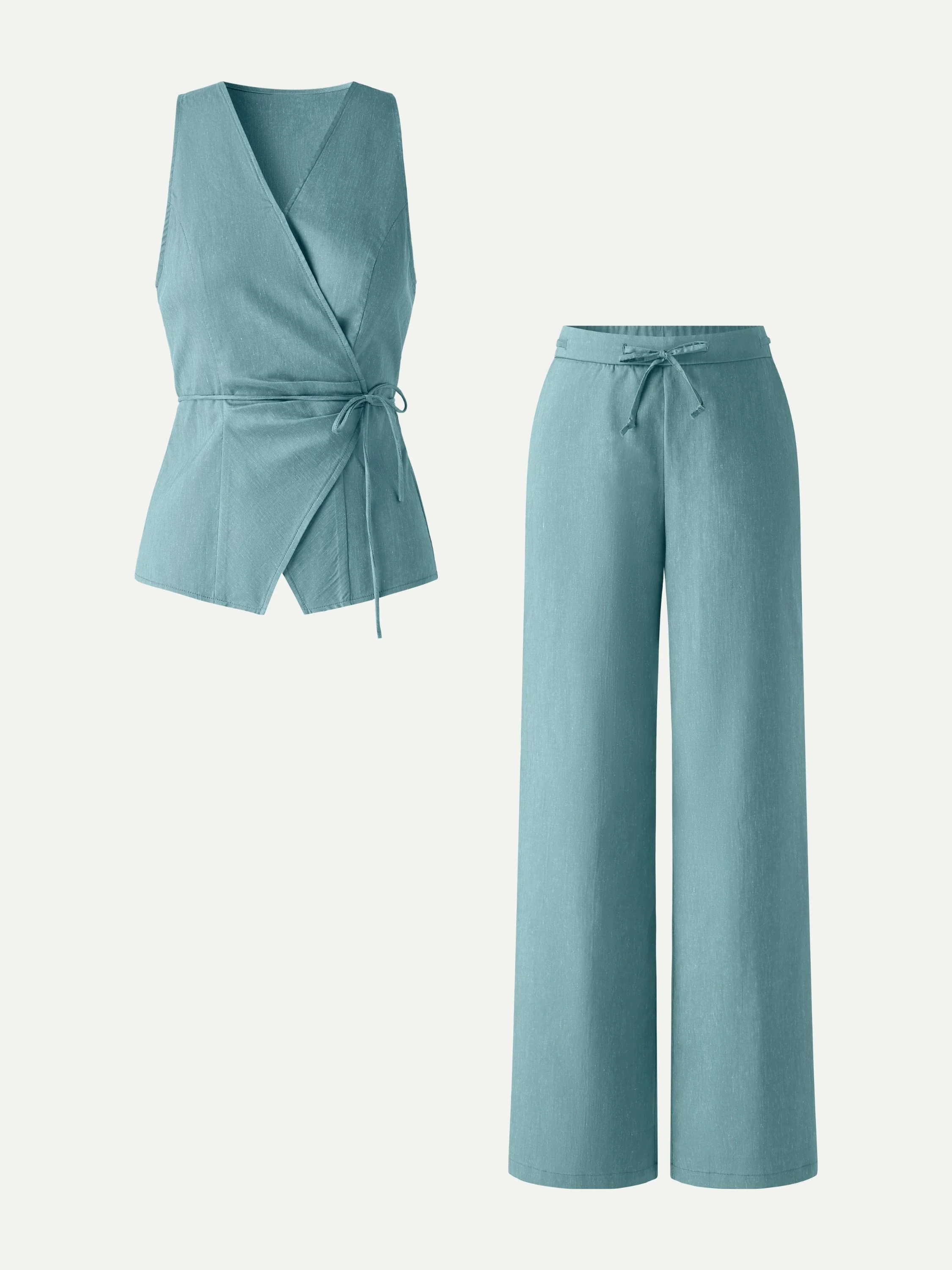 2Pcs Set Wrap Top with Self-Tie & Drawstring Wide Leg Pant with Pockets - Image 14