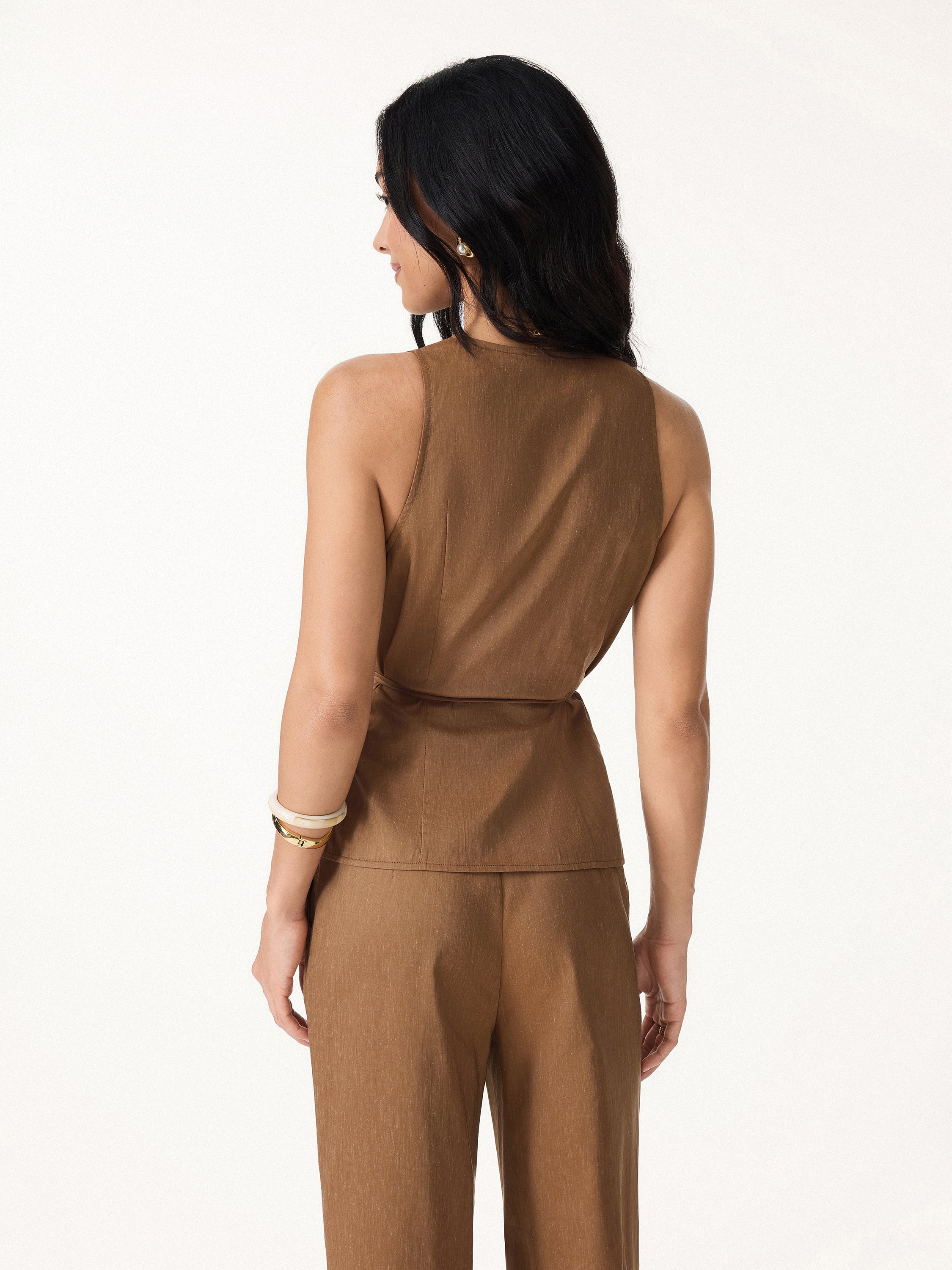 2Pcs Set Wrap Top with Self-Tie & Drawstring Wide Leg Pant with Pockets - Image 7