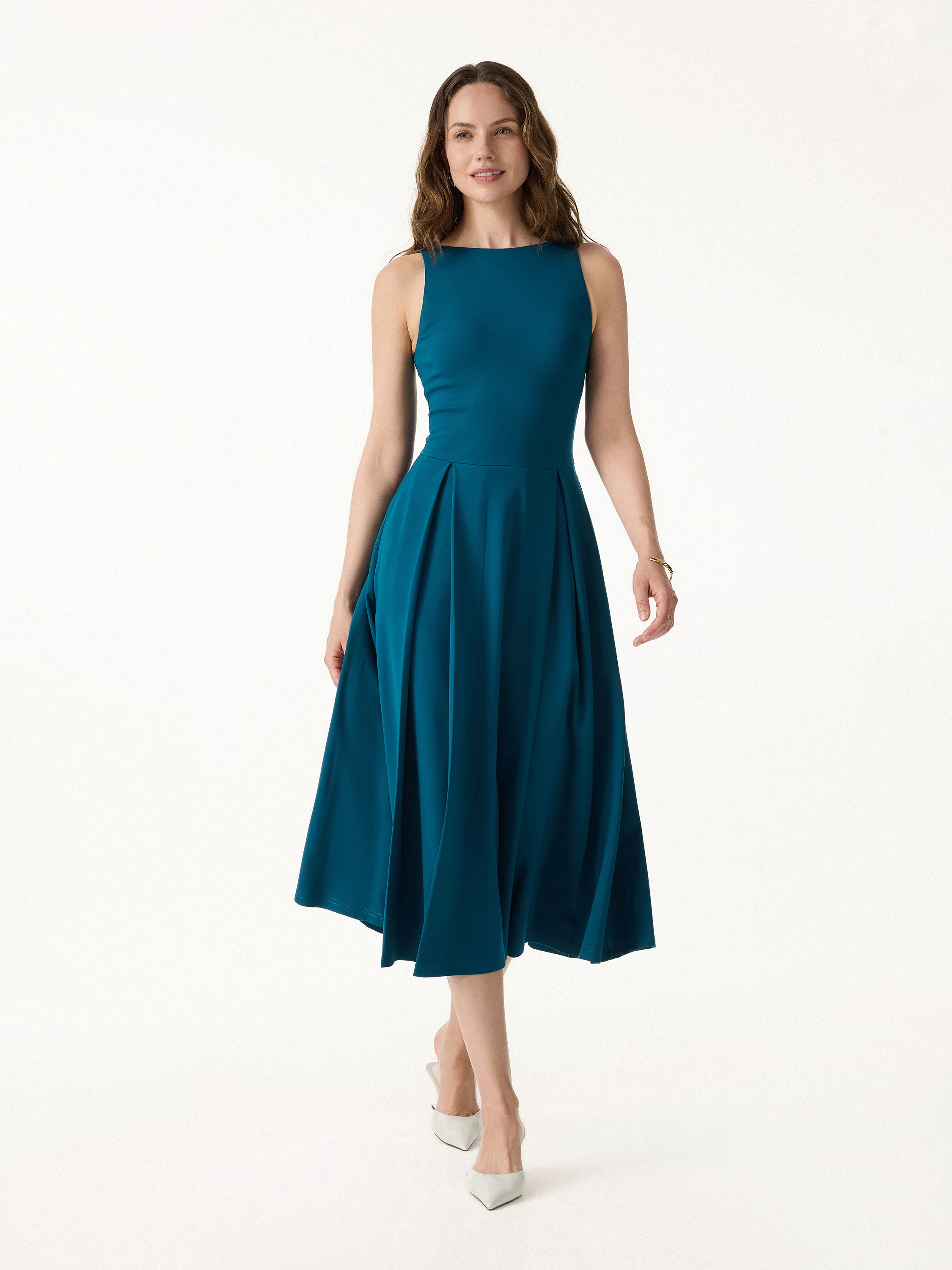 Boatneck Pleated Fit-and-Flare Midi Bra Dress with Pockets