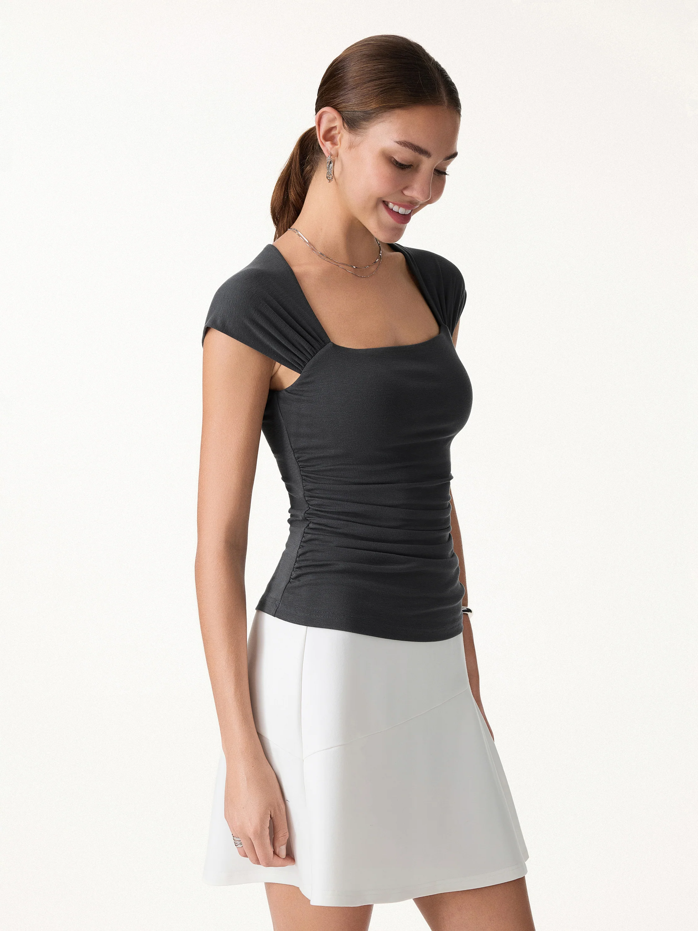 Cool-Touch Square Neck Cap Sleeve Ruched Bra Top - Image 4