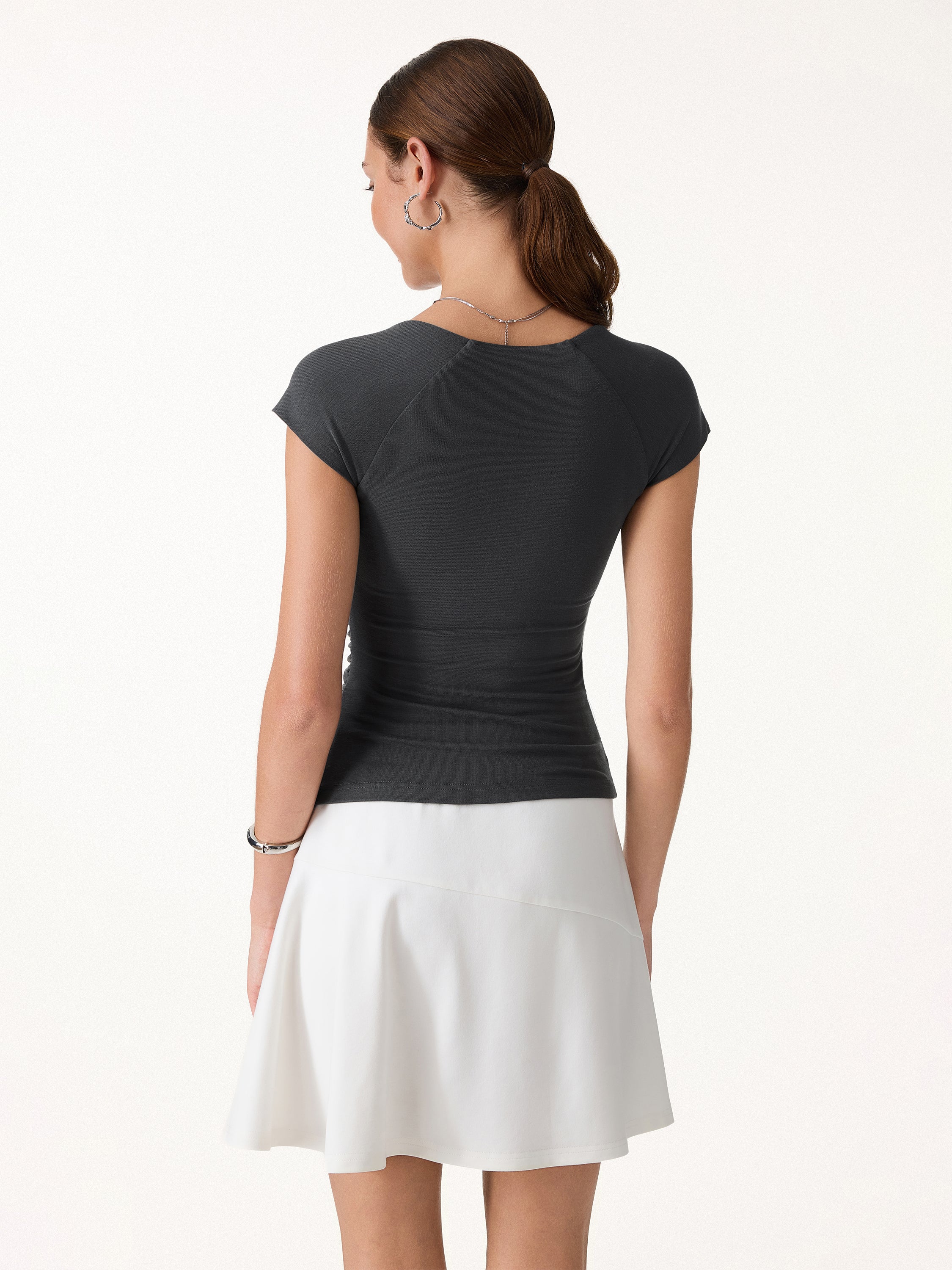 Cool-Touch Square Neck Cap Sleeve Ruched Bra Top - Image 5