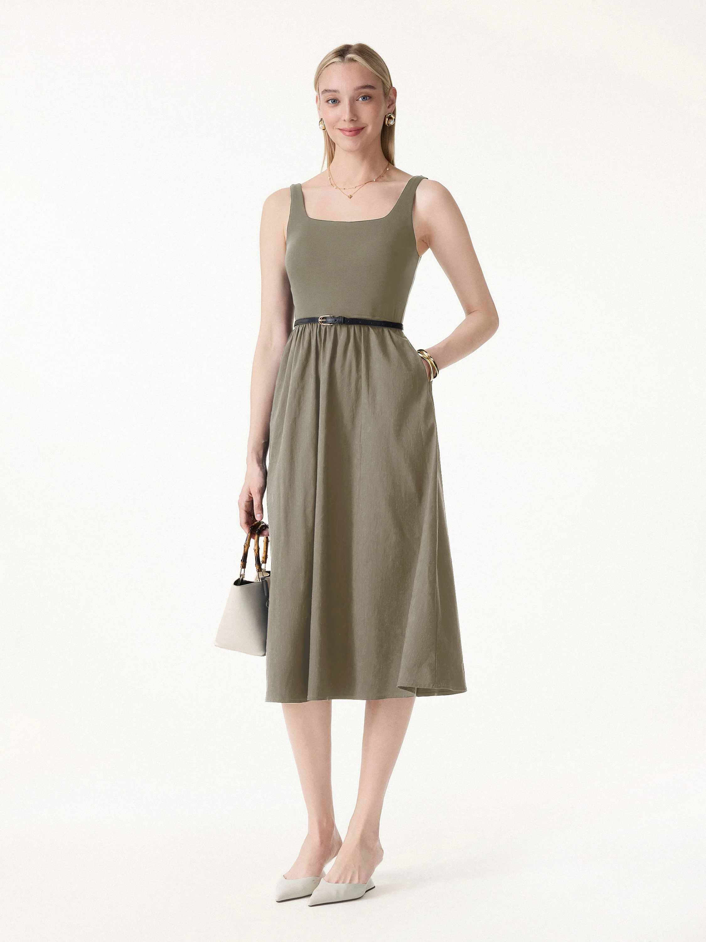 Cotton-Linen Blend Square Neck Fit-and-Flare Midi Bra Dress