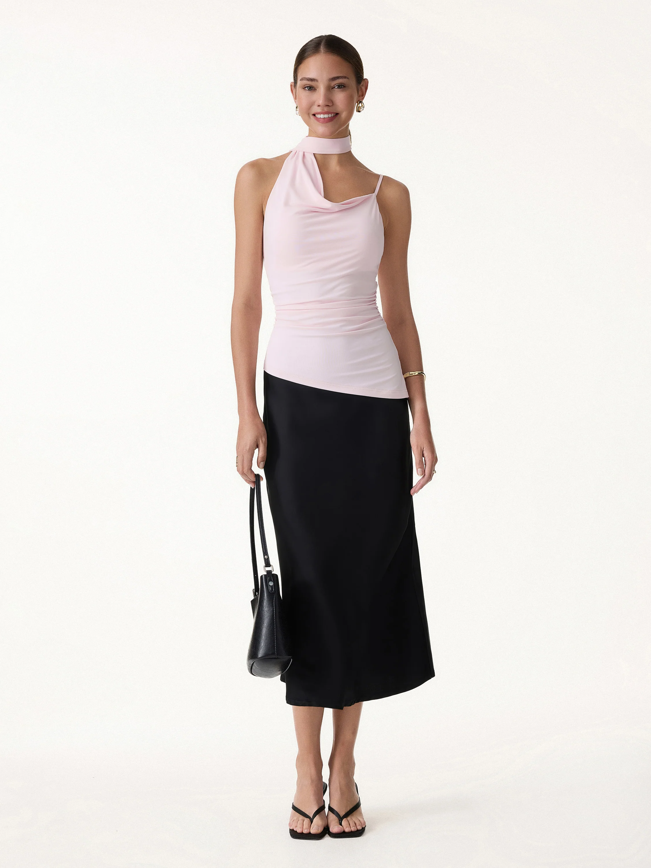 Asymmetrical Cowl Neck Ruched Spaghetti Bra Top - Image 3
