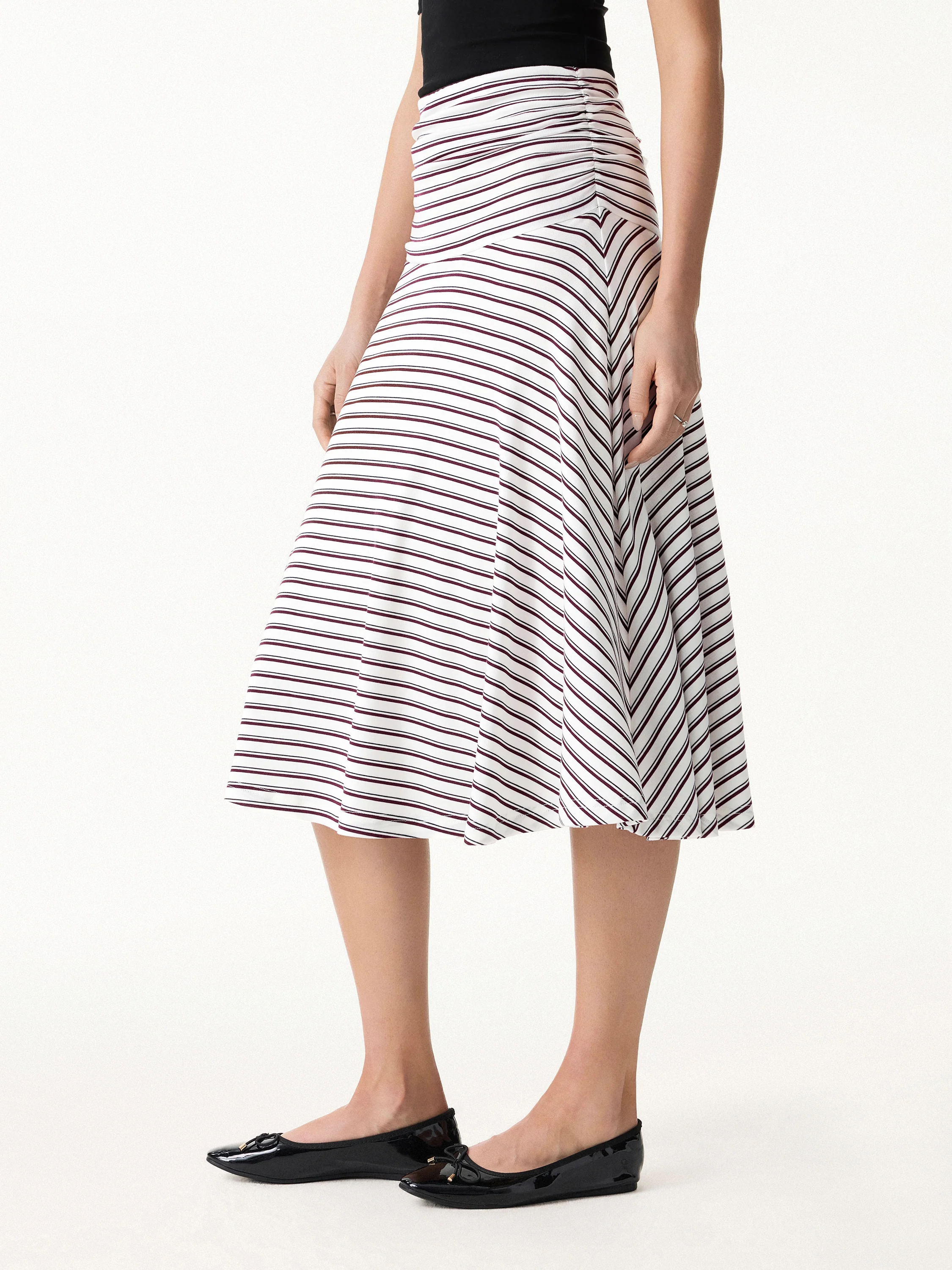 Flowy Striped Circle Flare Ruched Midi Skirt