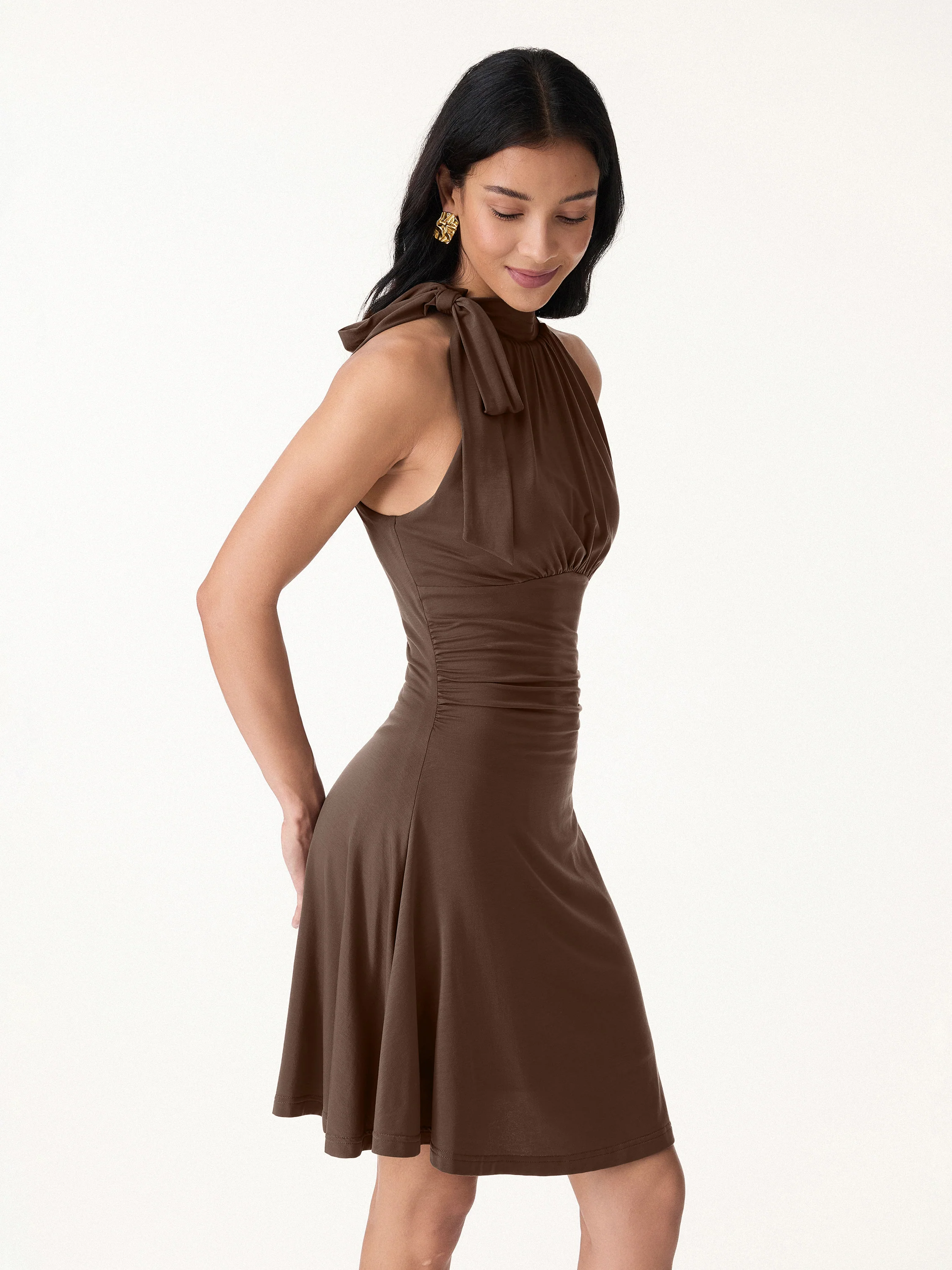 Milky Matte Mockneck Bow Tie Ruched Mini Bra Dress