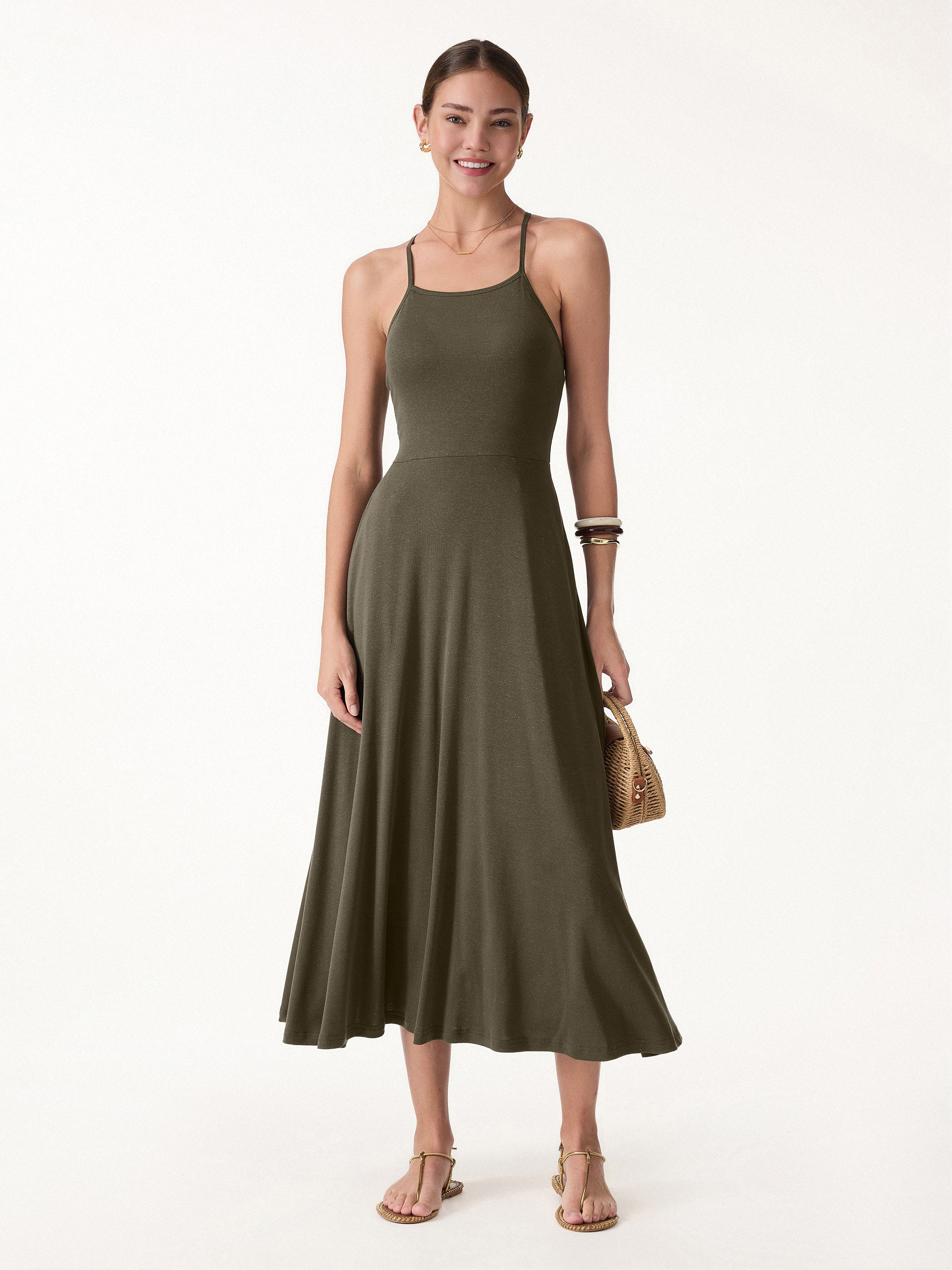Soft Linen Knit Spaghetti Midi Bra Dress