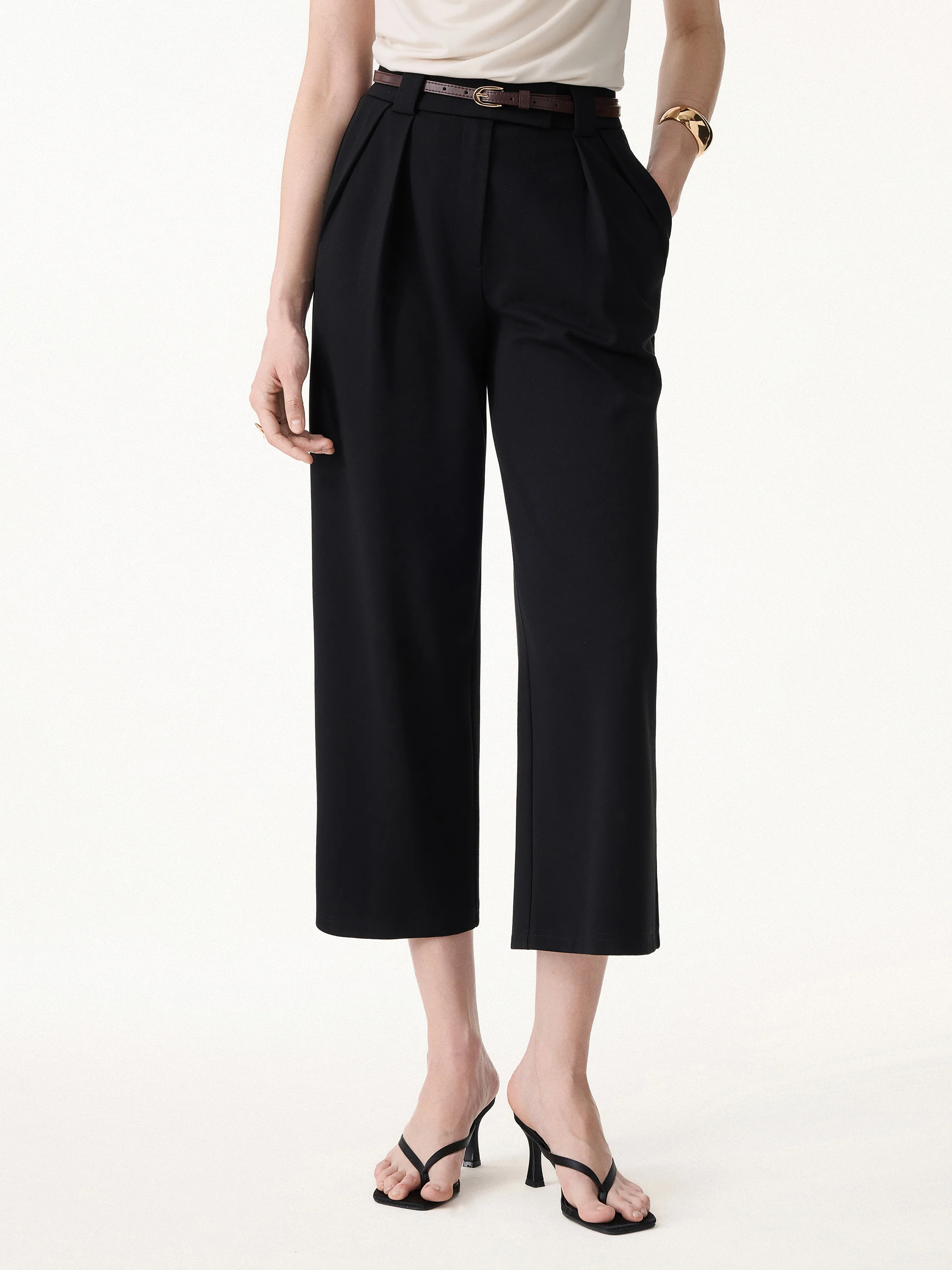 Stretch Ponte Cropped Wide Leg Trousers