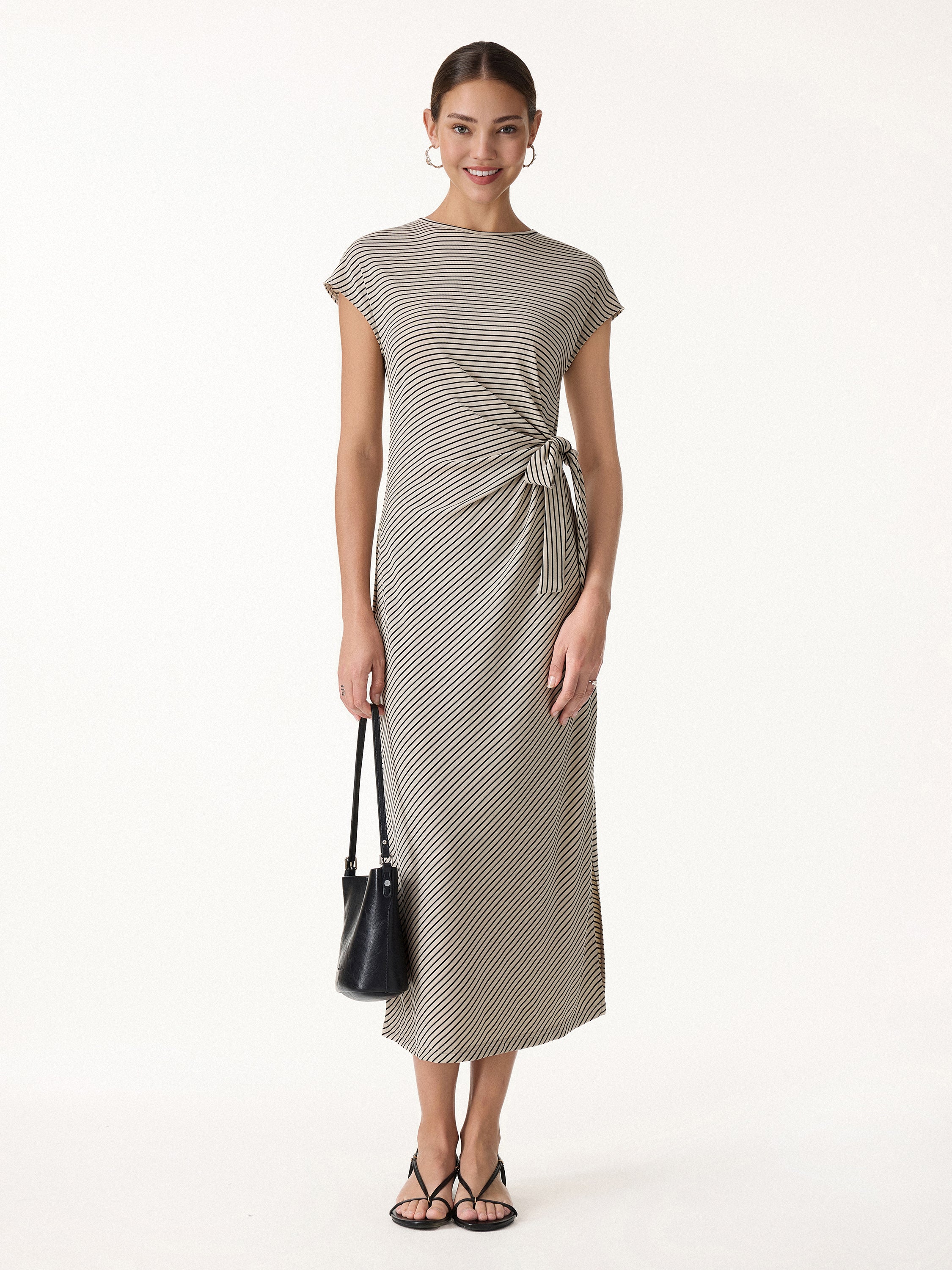 Striped Relaxed Midi Dress with Self-Tie - Image 4