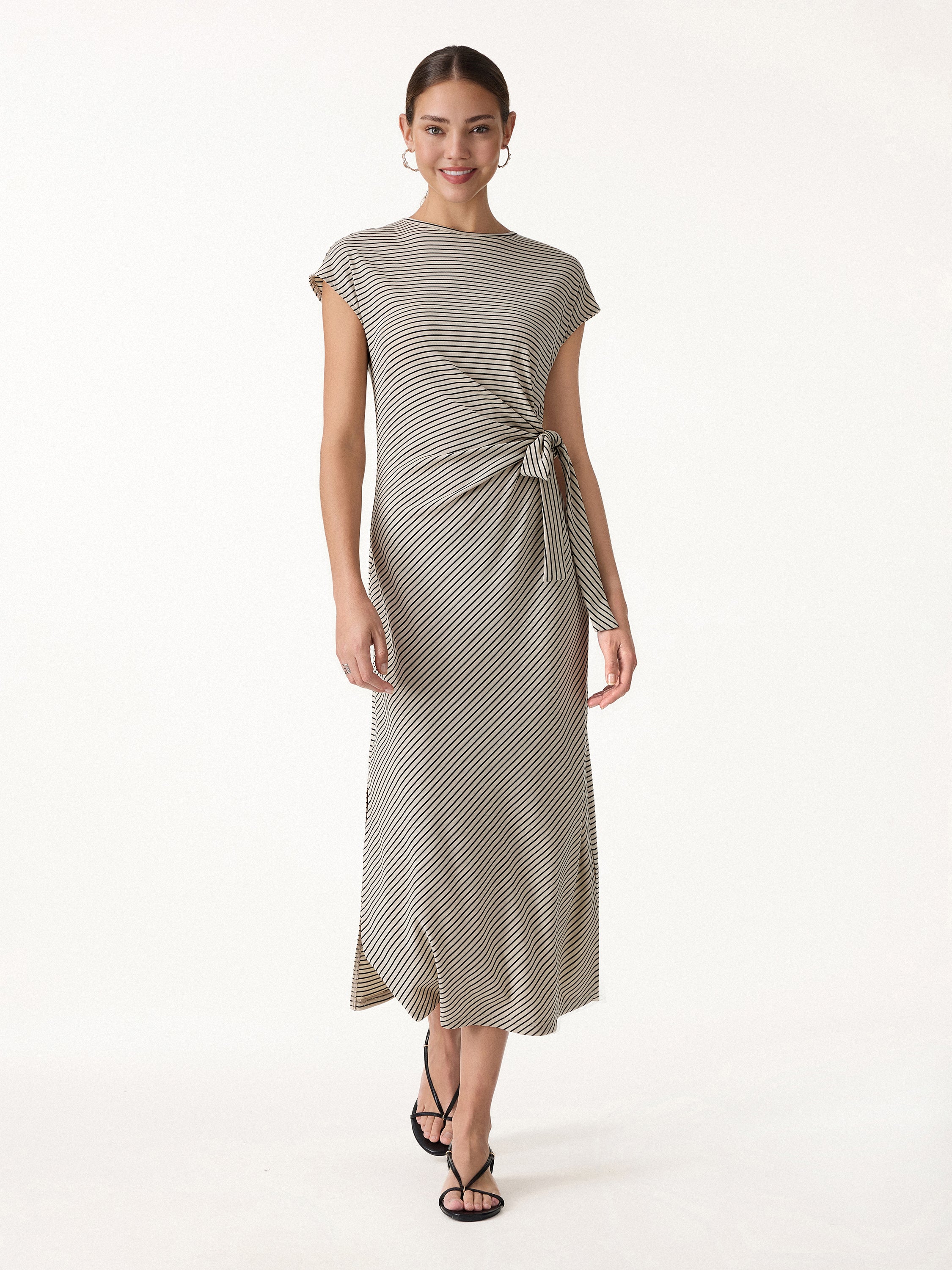 Striped Relaxed Midi Dress with Self-Tie - Image 5