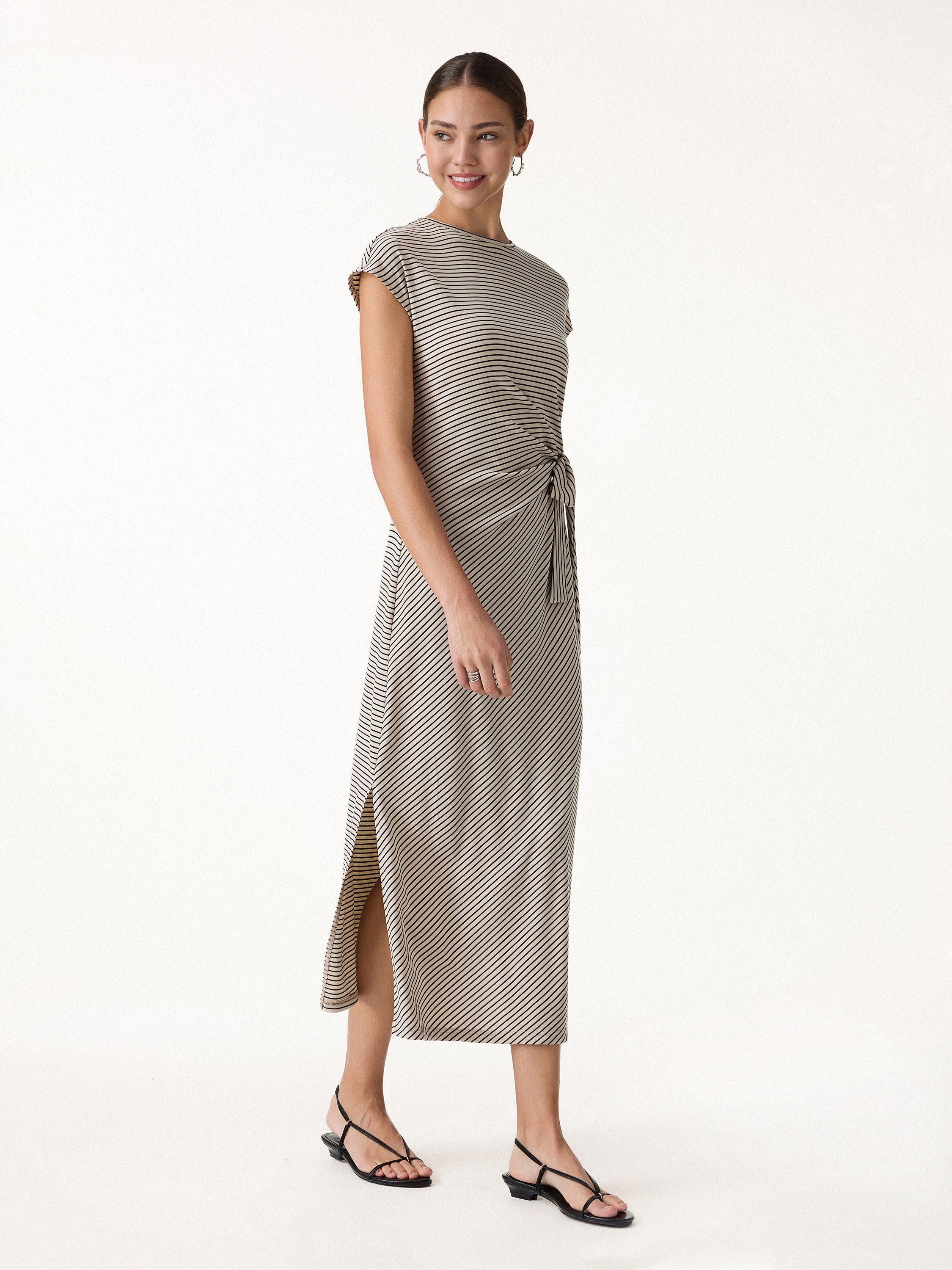 Striped Relaxed Midi Dress with Self-Tie - Image 7