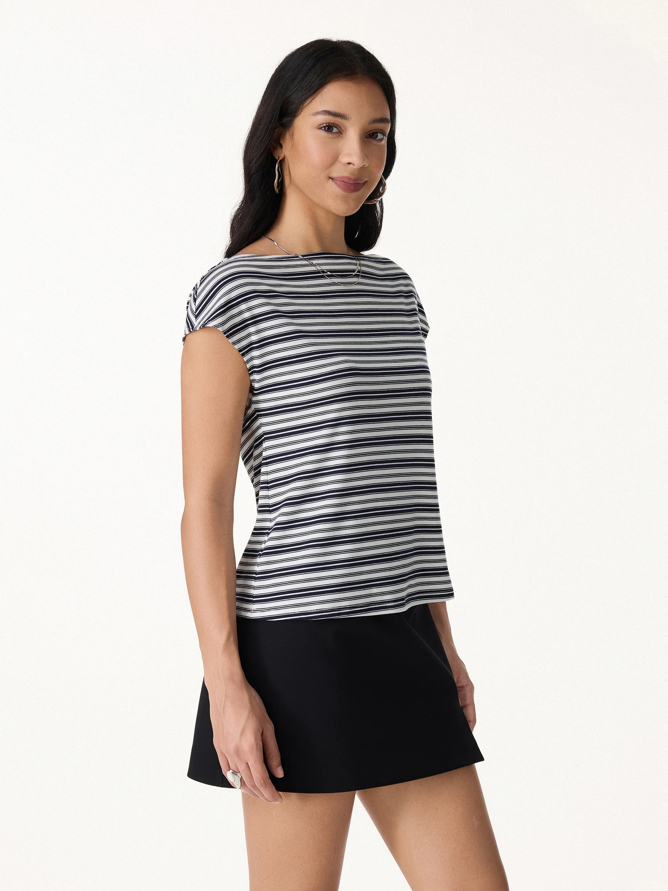 Striped Slash Neck Cap Sleeve Relaxed Top - Image 5